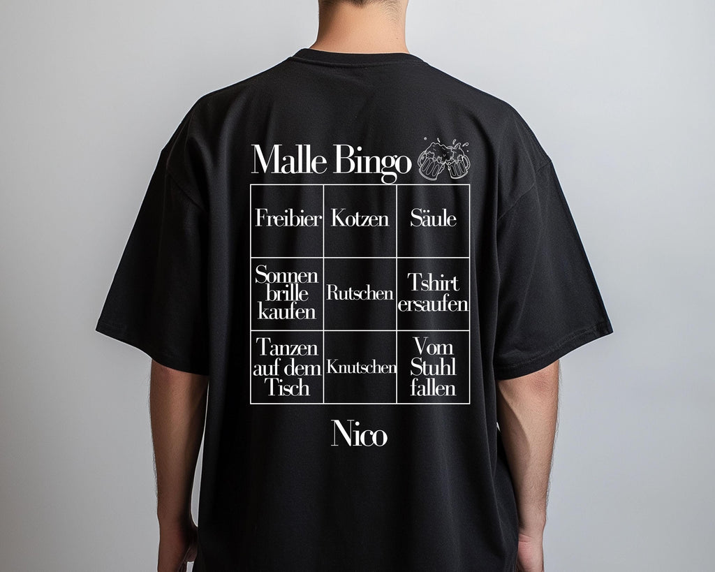 Malle Shirts Herren, Gruppenshirt, Backprint, Malle 2026, Malle Shirt, Männer, personalisiert, Mallorca, Bier Shirt, Sauf Shirt, Bingo, Bier