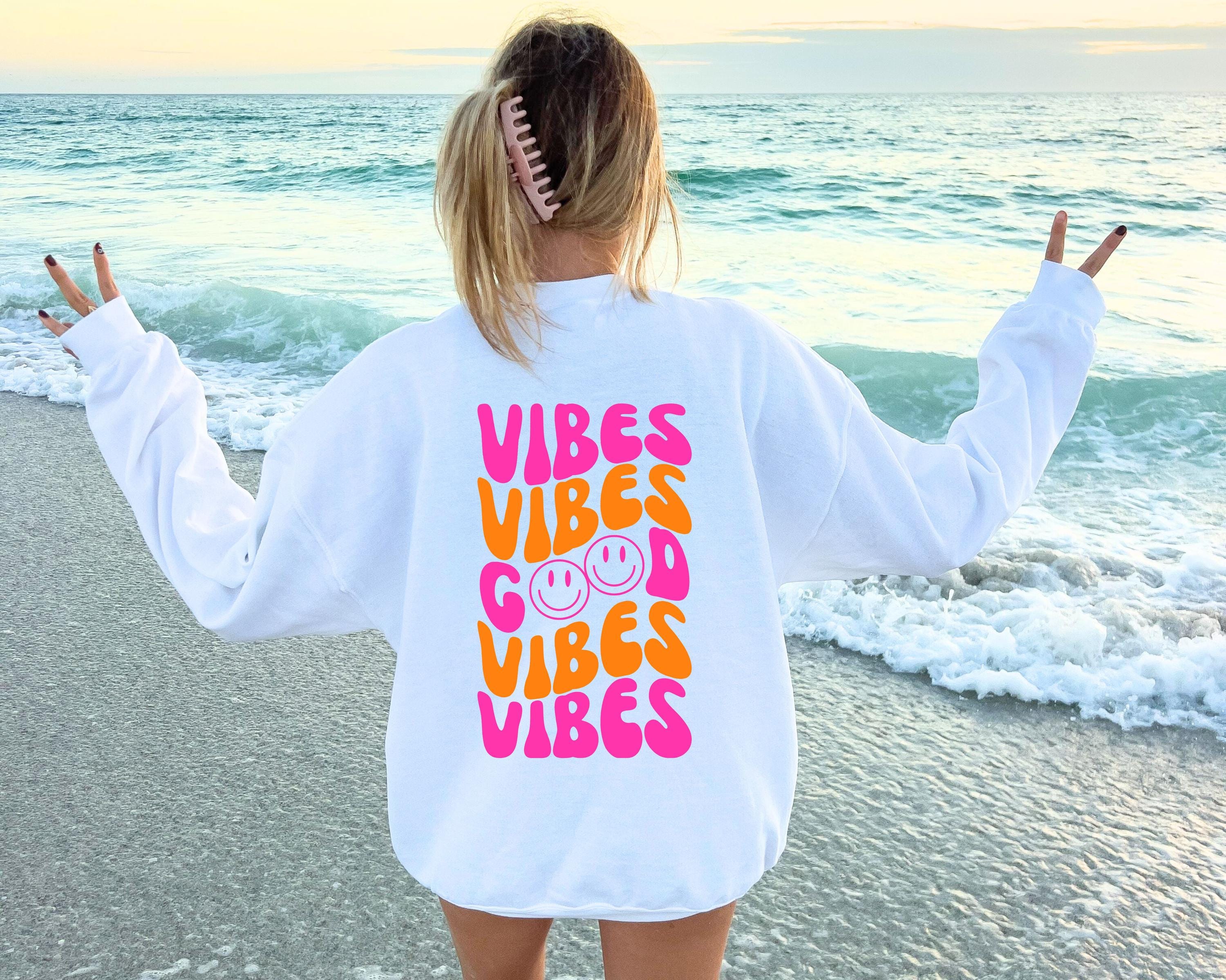 Pullover Backprint Good Vibes, Smiley orange pink bunt, Sweatshirt mit Backprint, Pulli mit Statement, Hoodie, Sweater, Geschenkidee, Mama