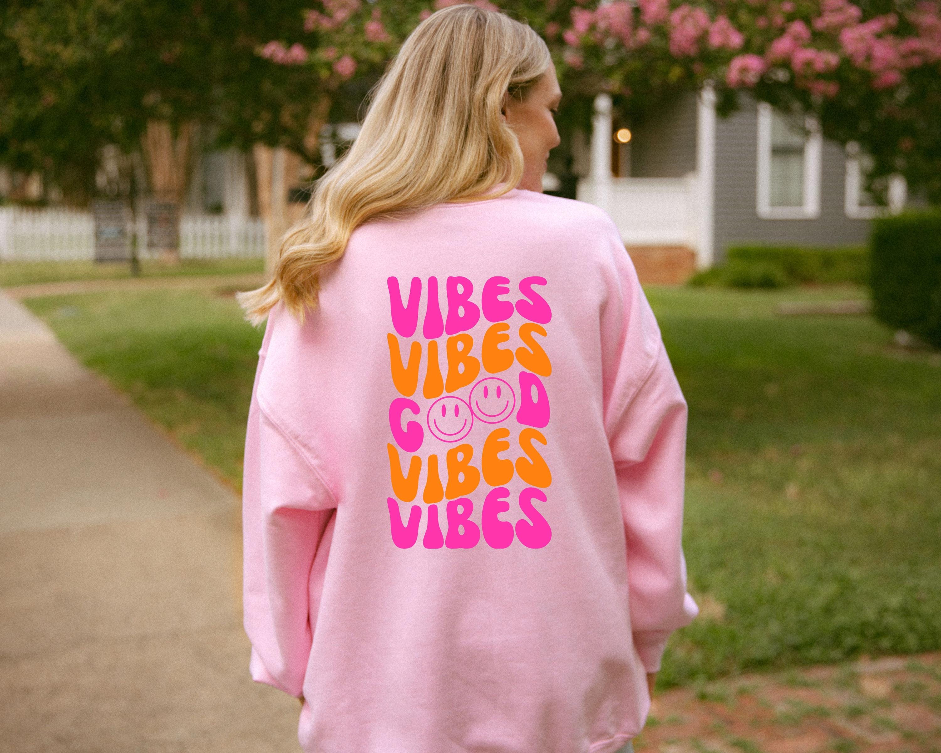 Pullover Backprint Good Vibes, Smiley orange pink bunt, Sweatshirt mit Backprint, Pulli mit Statement, Hoodie, Sweater, Geschenkidee, Mama