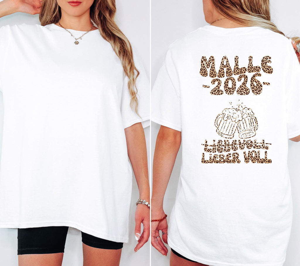 Malle Shirt, liebevoll lieber voll, Backprint, Malle 2026, Leo Muster, Leopard, Mallorca T Shirt, personalisiert, Bier Shirt, Gruppenshirt
