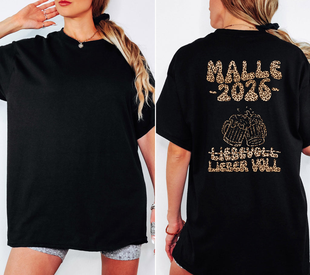 Malle Shirt, liebevoll lieber voll, Backprint, Malle 2026, Leo Muster, Leopard, Mallorca T Shirt, personalisiert, Bier Shirt, Gruppenshirt