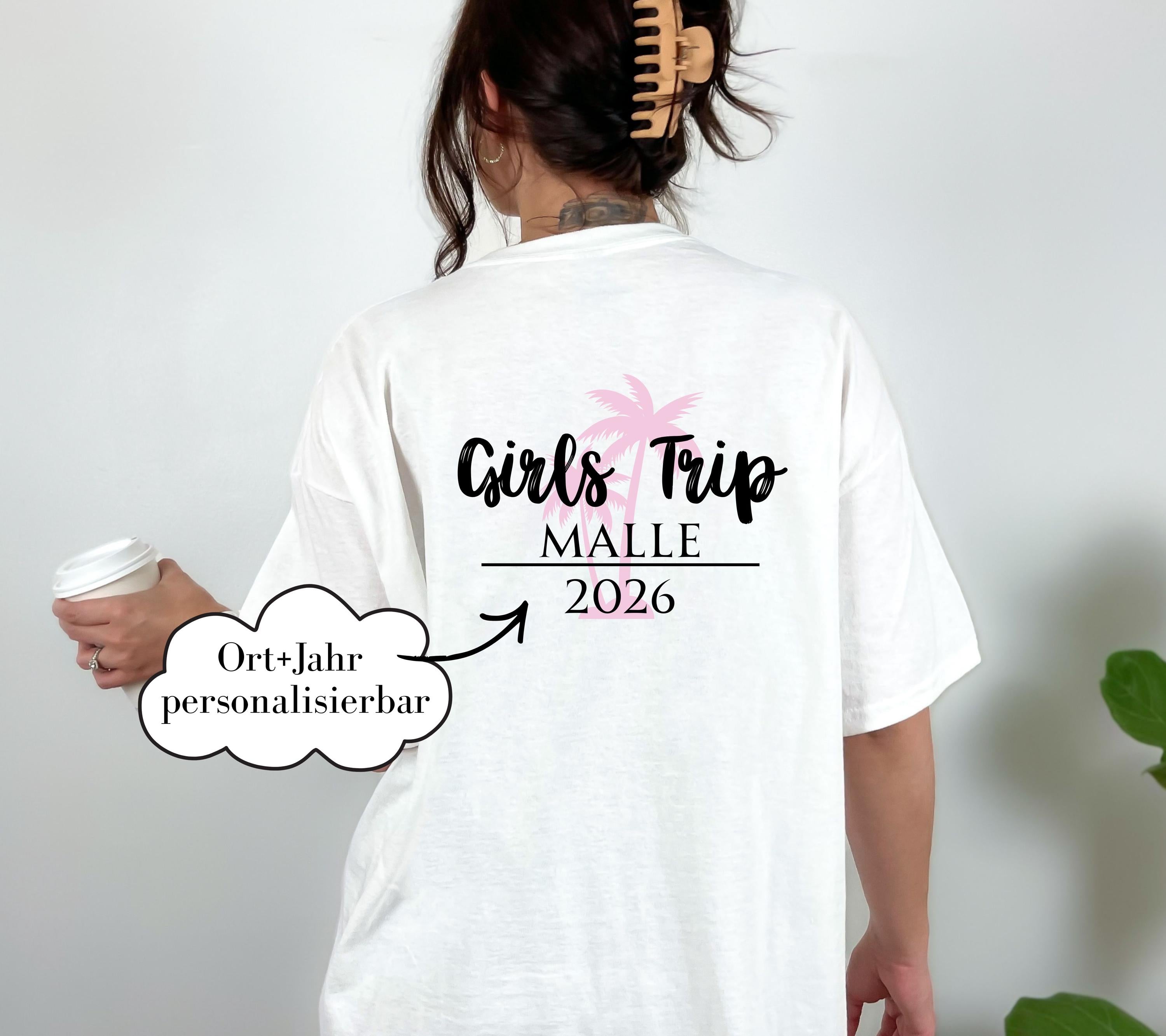 Malle Shirt, JGA Backprint, Ibiza, Barcelona Shirts, Girls Trip, personalisiert, Mallorca, Sauf T Shirt, Gruppenshirt Frauen, Palmen, Mädels