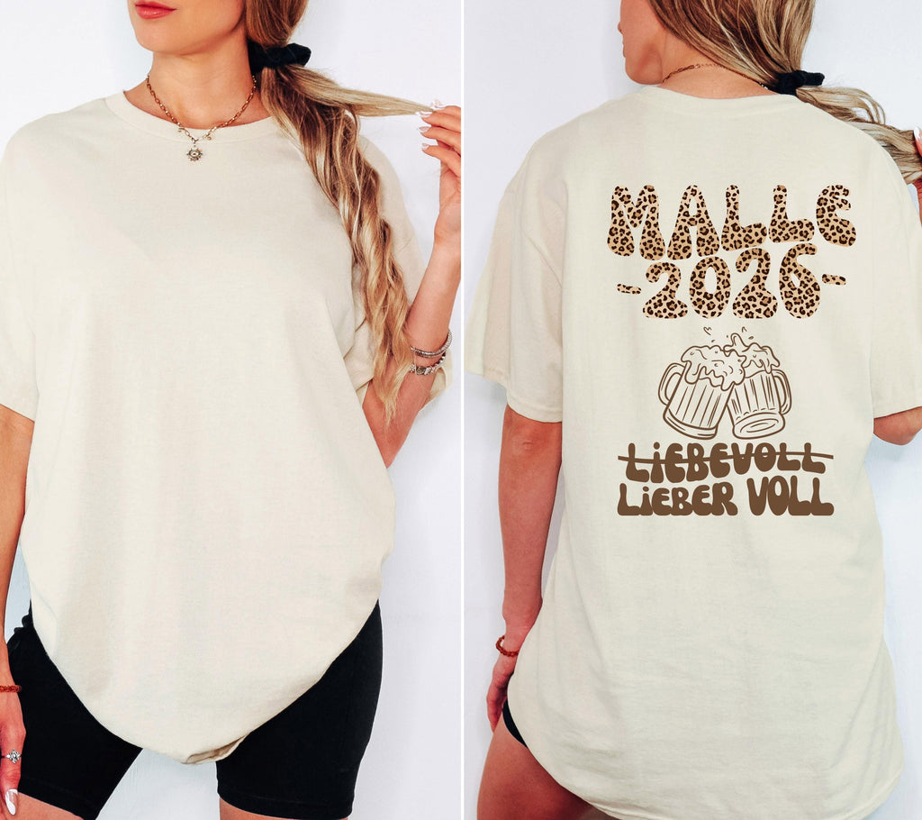 Malle Shirt, liebevoll lieber voll, Backprint, Malle 2026, Leo Muster, Leopard, Mallorca T Shirt, personalisiert, Bier Shirt, Gruppenshirt