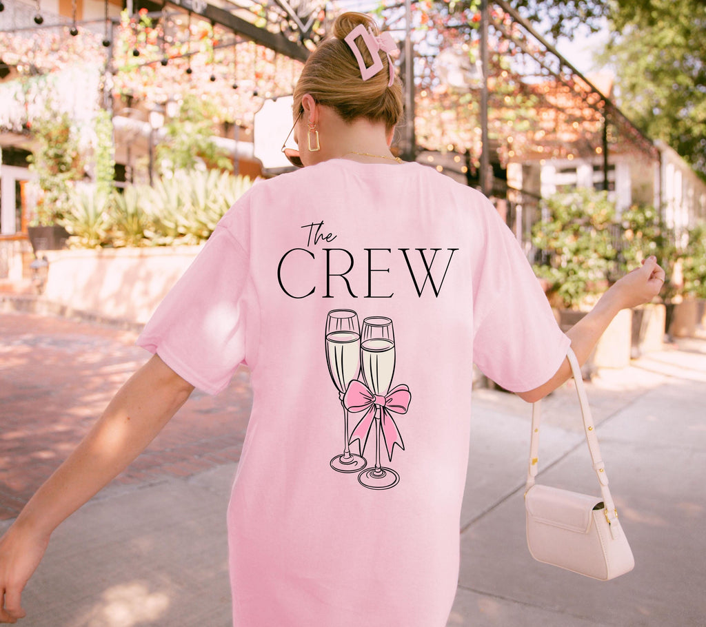 JGA Shirt, Sekt, Junggesellenabschied Shirts, Backprint, Team Bride, Braut Shirt , JGA Frauen, Gruppenshirt, Hochzeit, rosa Schleife Damen