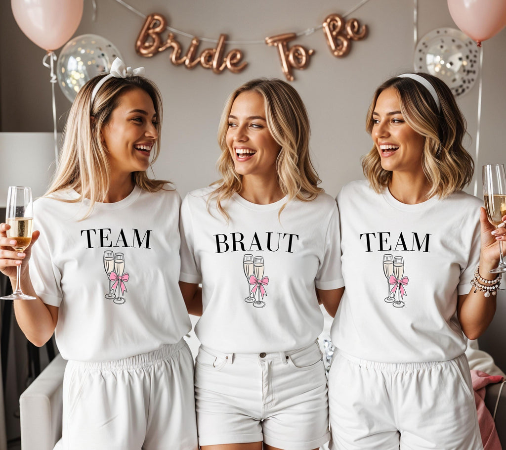 JGA Shirt vorne, Braut Shirt vorne, Junggesellenabschied Frauen, Sekt, Prosecco, Schleife, Team Shirts, Bride, JGA Frau, Hochzeit, Crew