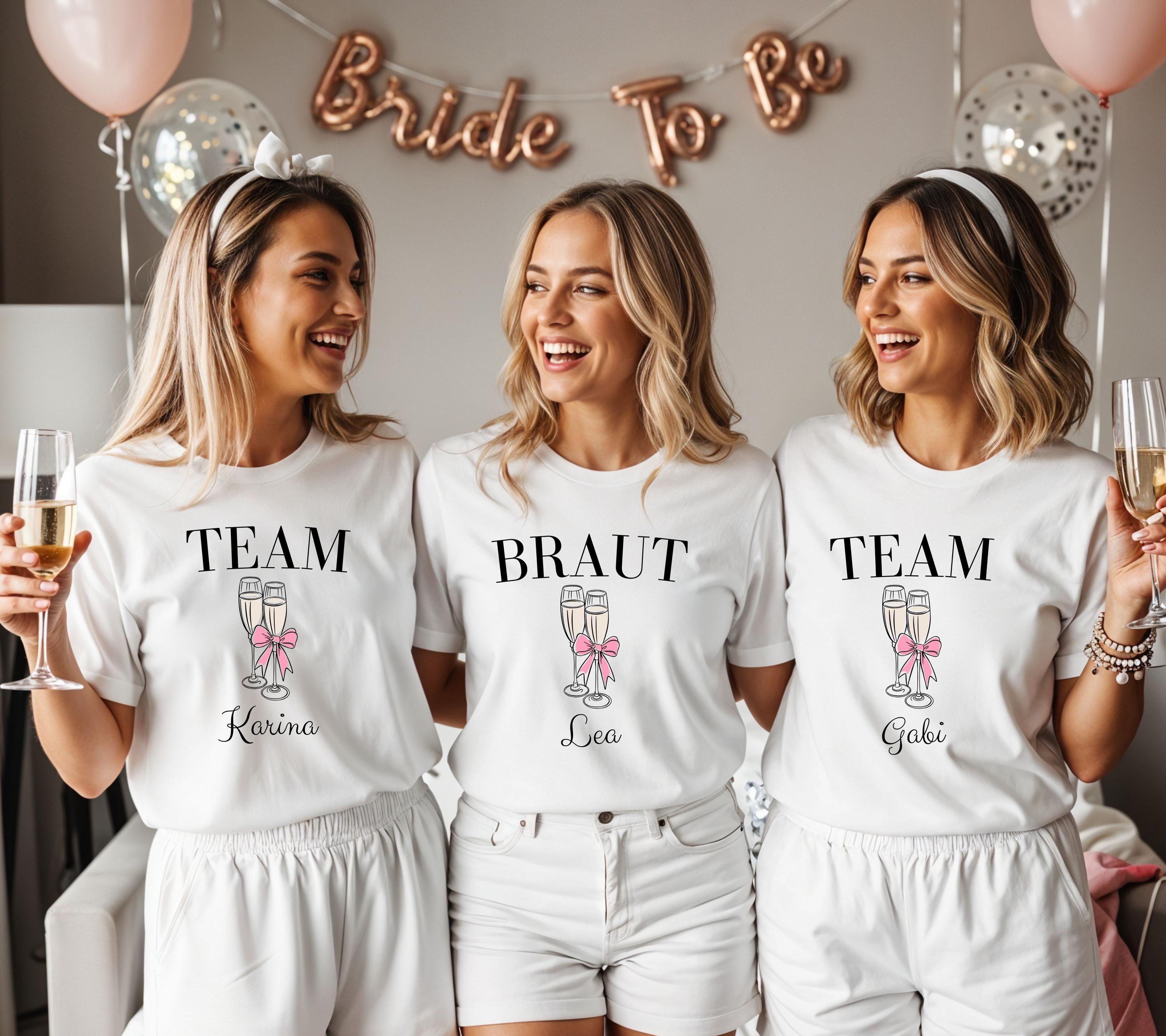 Braut Shirt vorne, JGA Shirts, Junggesellenabschied Frauen, Sekt, Prosecco, Schleife, Team Shirts, Bride, JGA Frau, Hochzeit, Crew, Mädels