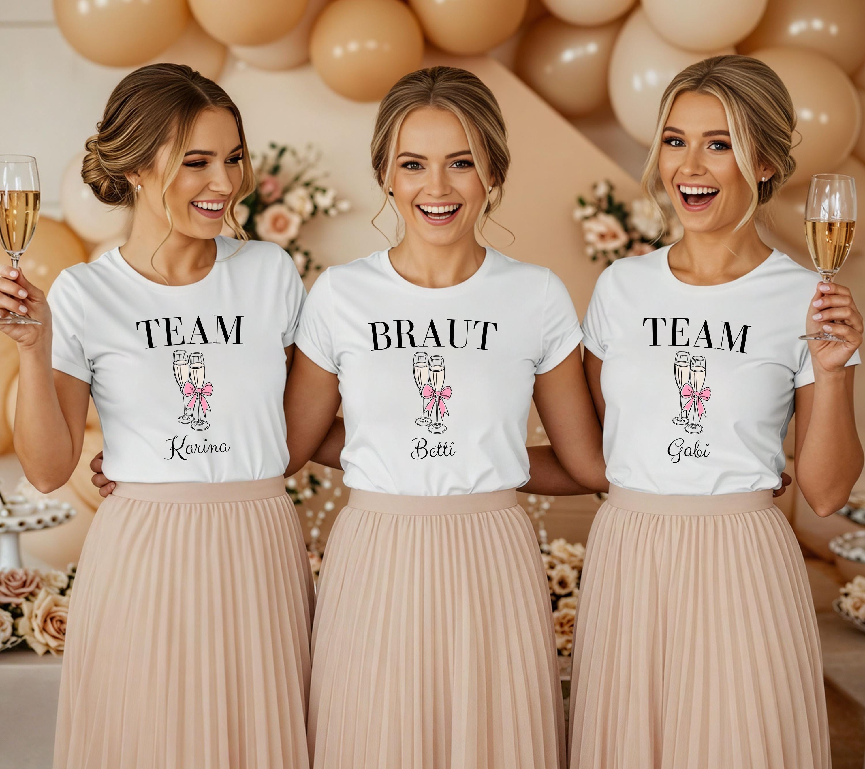 Braut Shirt vorne, JGA Shirts, Junggesellenabschied Frauen, Sekt, Prosecco, Schleife, Team Shirts, Bride, JGA Frau, Hochzeit, Crew, Mädels