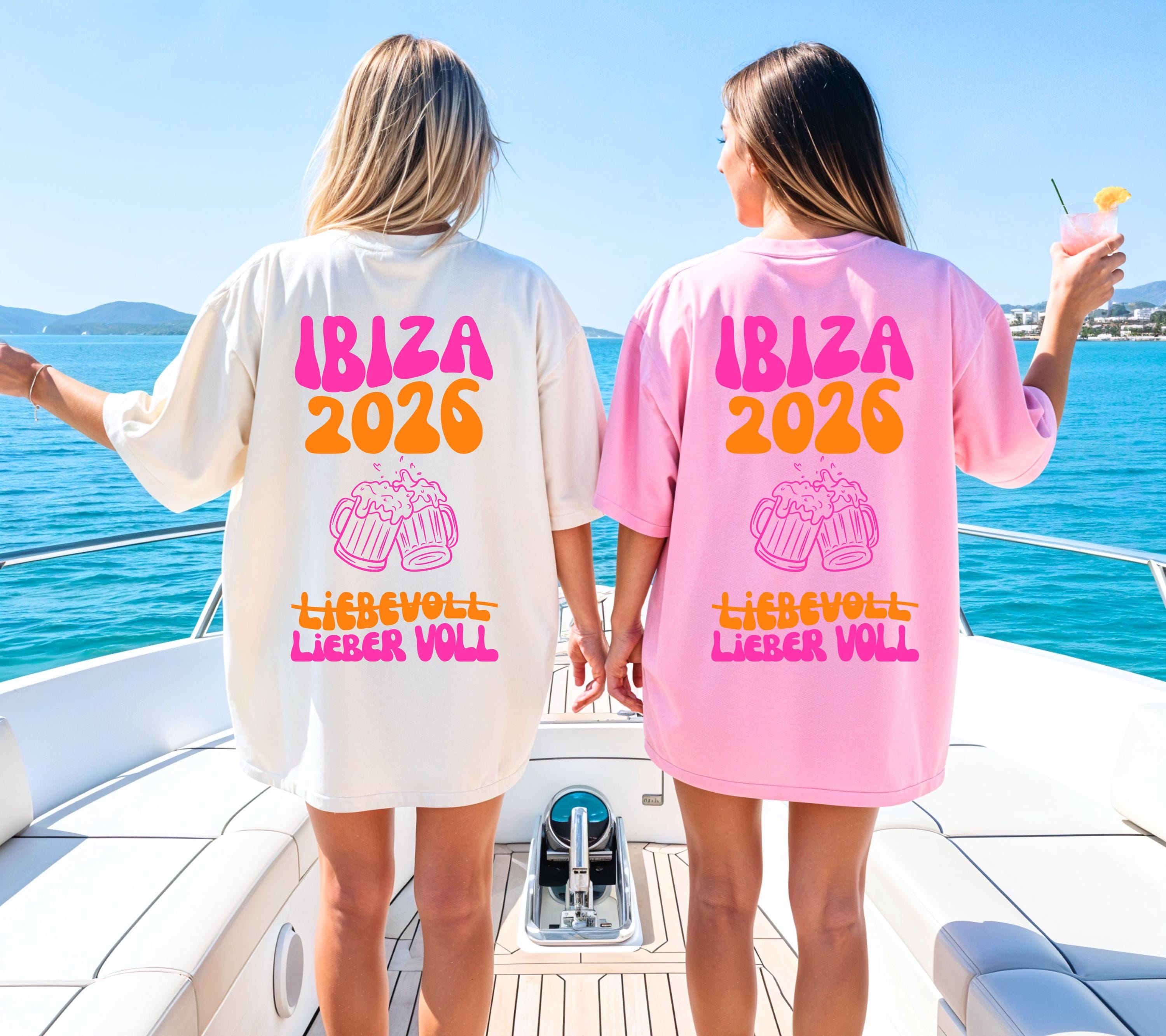 Ibiza Shirt, Backprint, Ibiza 2026, Ibiza T Shirts, Mädelstrip Shirts, pink orange, Gruppenshirt Mädels, liebevoll lieber voll, Bier, saufen