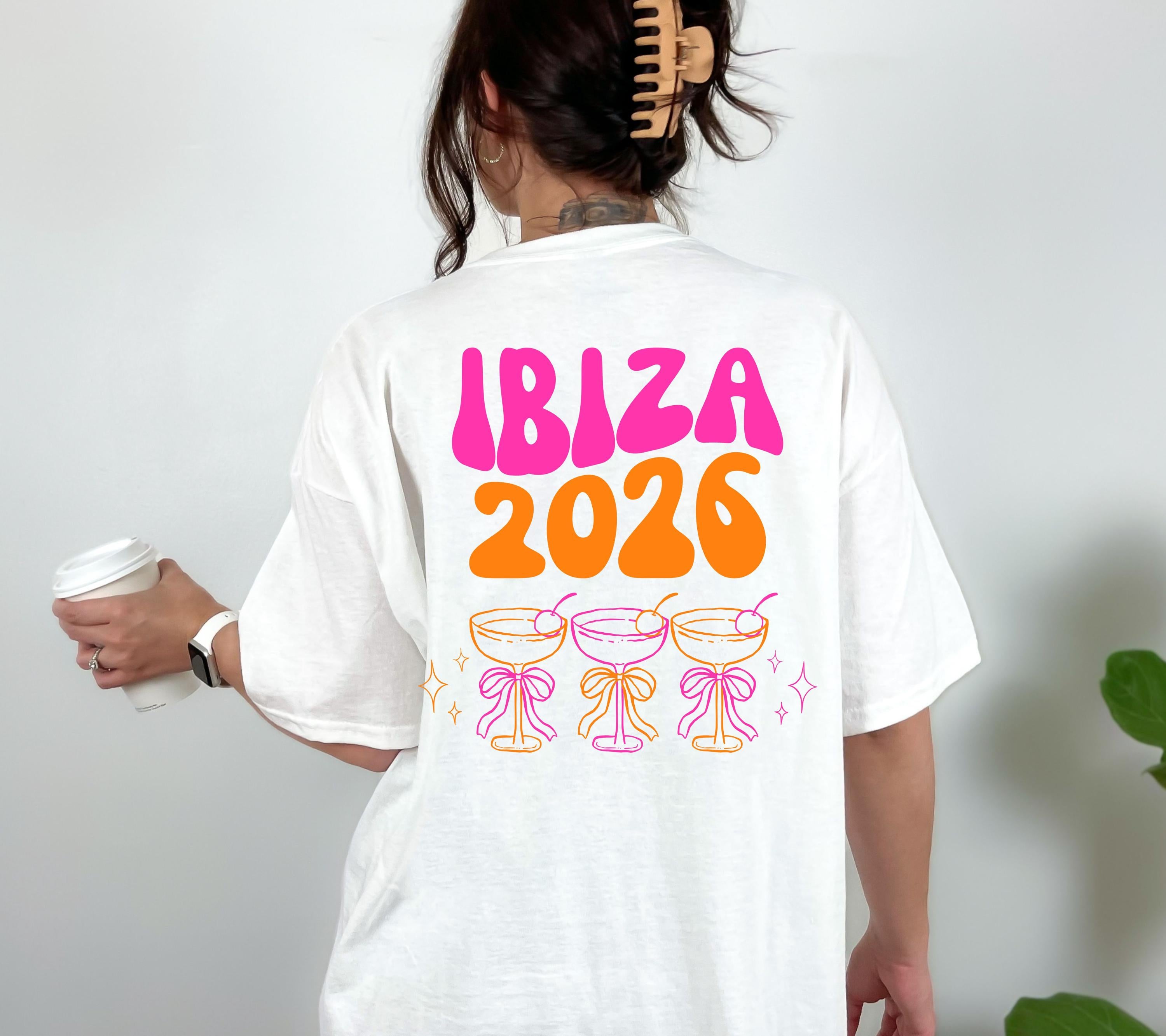 Ibiza Shirt, Backprint, Ibiza 2026, Ibiza T Shirts, Mädelstrip Shirts, pink orange, Gruppenshirt Mädels, Frauen, Cocktail, Sekt, Urlaub