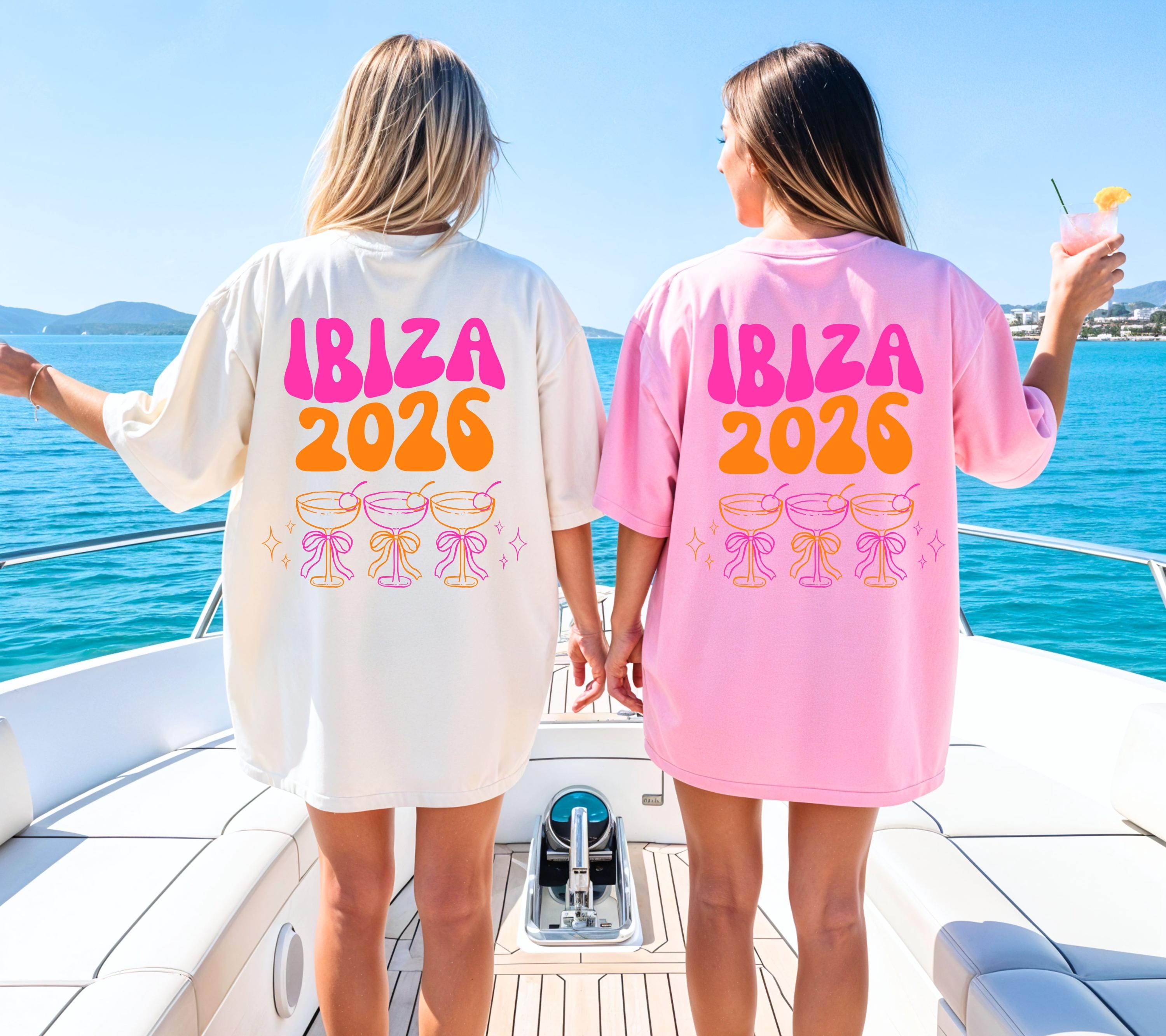 Ibiza Shirt, Backprint, Ibiza 2026, Ibiza T Shirts, Mädelstrip Shirts, pink orange, Gruppenshirt Mädels, Frauen, Cocktail, Sekt, Urlaub