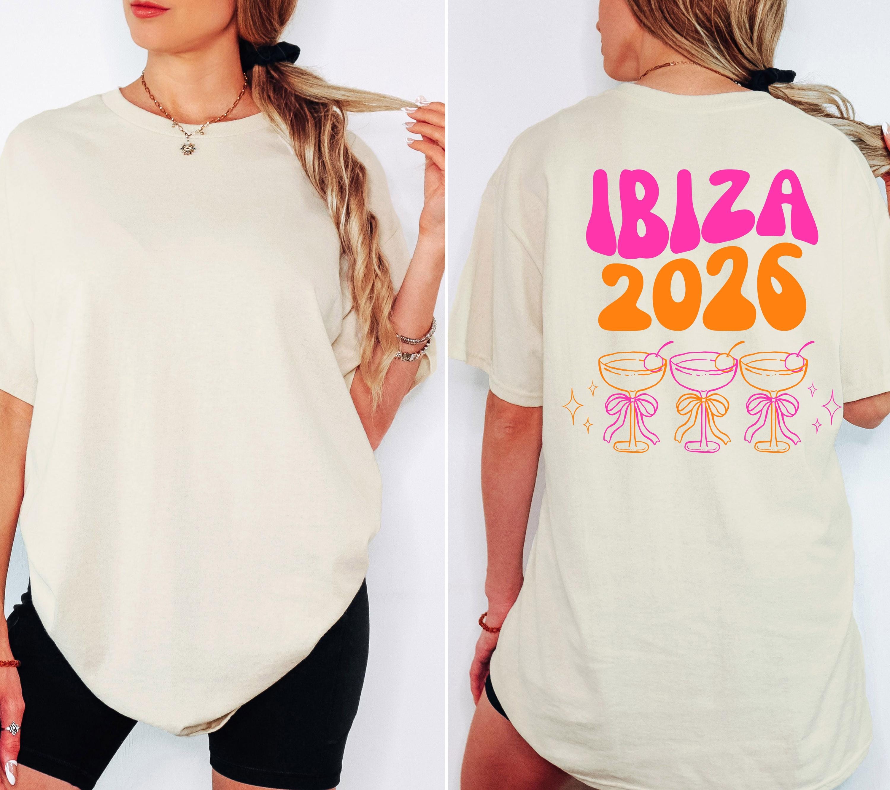 Ibiza Shirt, Backprint, Ibiza 2026, Ibiza T Shirts, Mädelstrip Shirts, pink orange, Gruppenshirt Mädels, Frauen, Cocktail, Sekt, Urlaub
