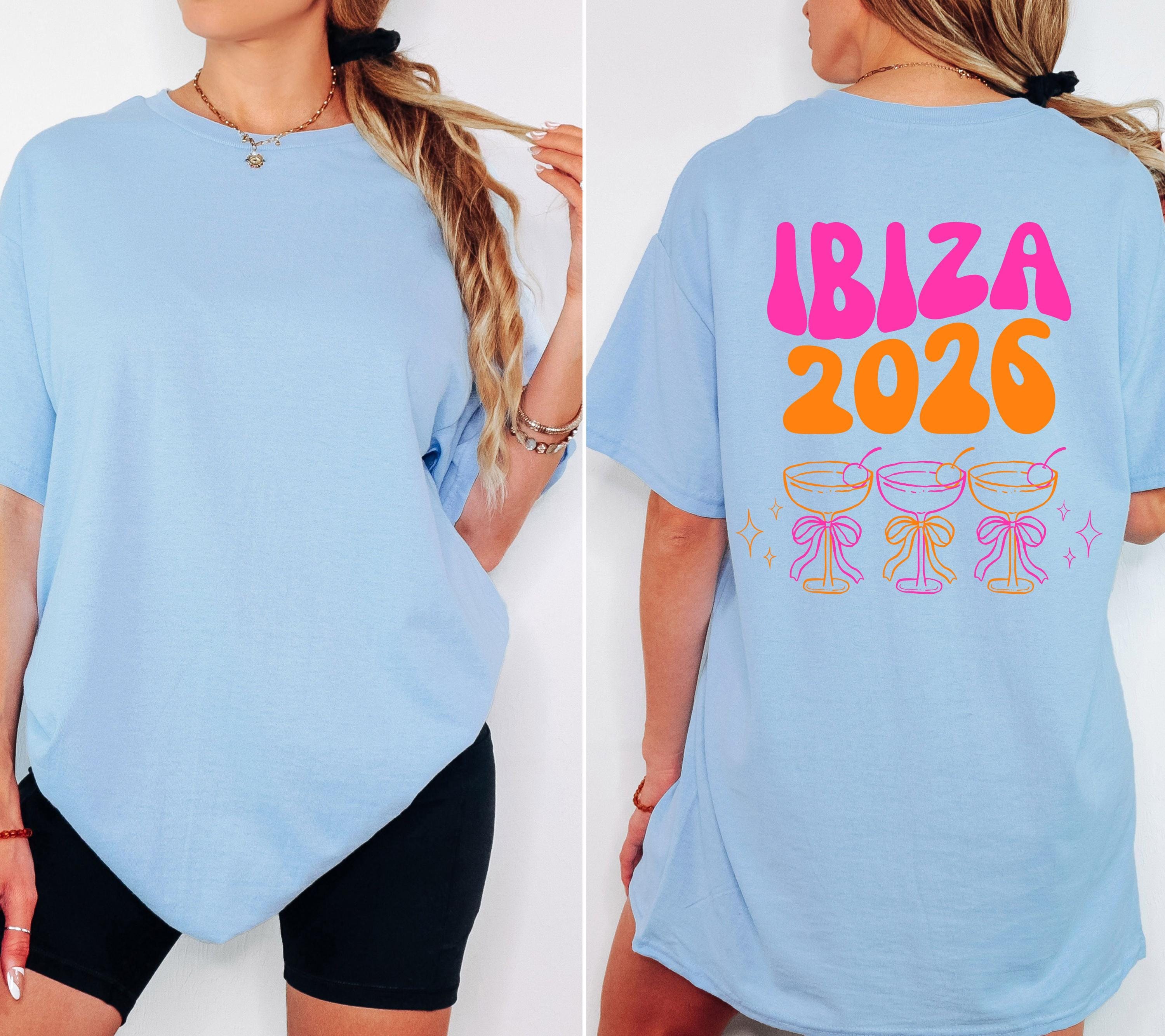 Ibiza Shirt, Backprint, Ibiza 2026, Ibiza T Shirts, Mädelstrip Shirts, pink orange, Gruppenshirt Mädels, Frauen, Cocktail, Sekt, Urlaub