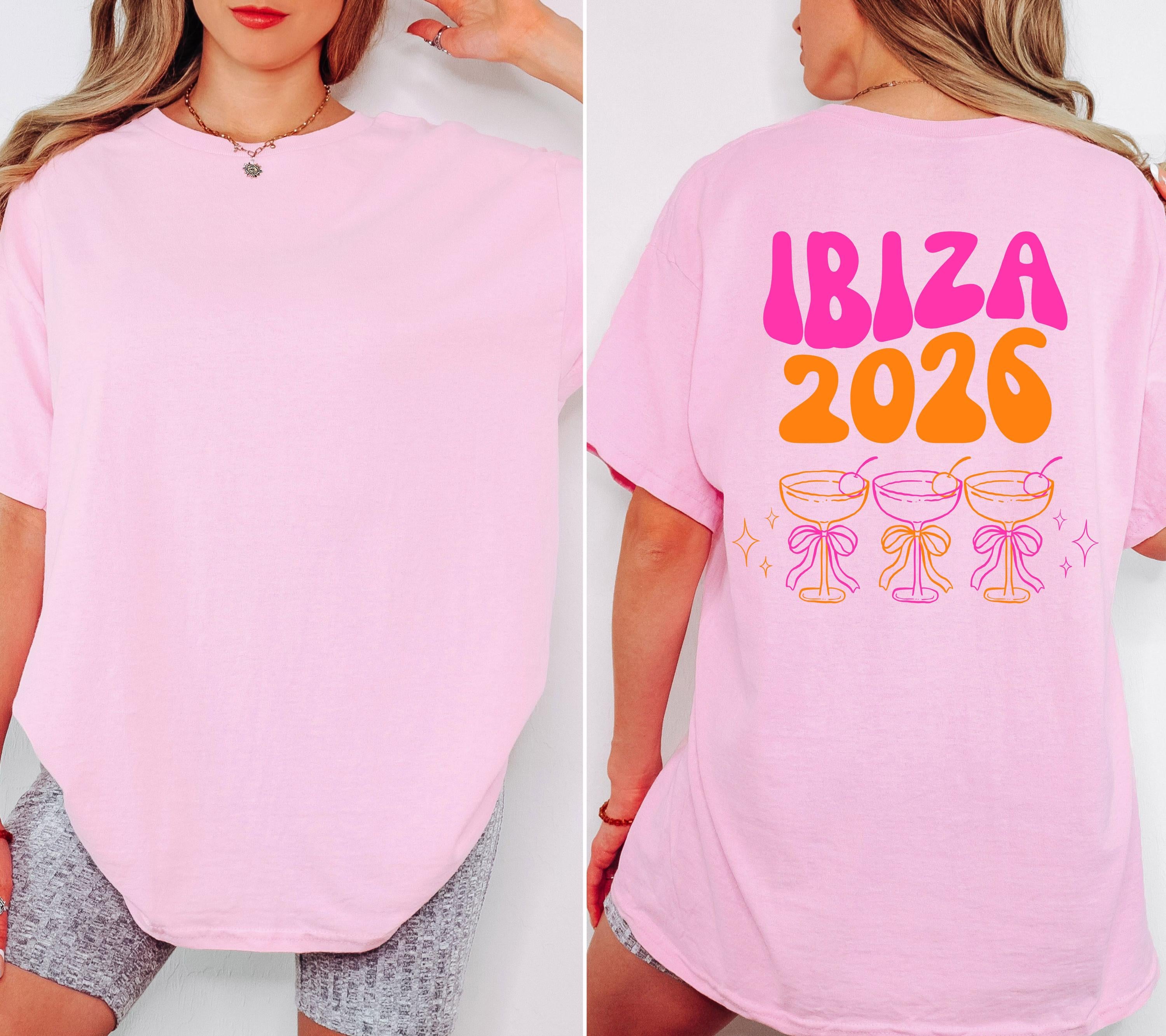 Ibiza Shirt, Backprint, Ibiza 2026, Ibiza T Shirts, Mädelstrip Shirts, pink orange, Gruppenshirt Mädels, Frauen, Cocktail, Sekt, Urlaub