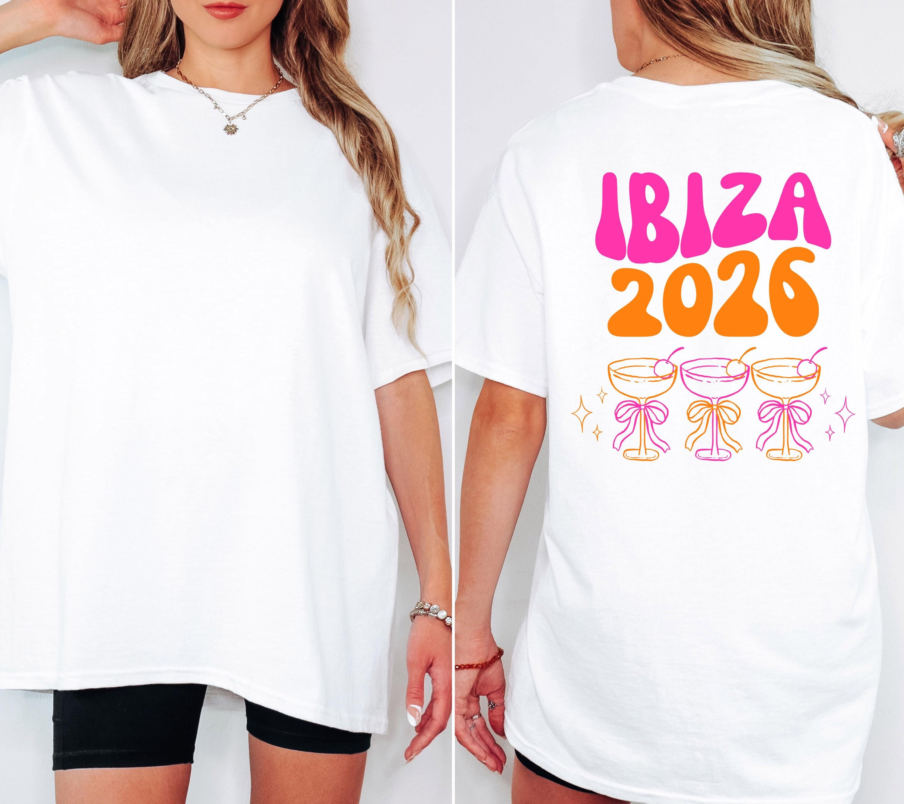 Ibiza Shirt, Backprint, Ibiza 2026, Ibiza T Shirts, Mädelstrip Shirts, pink orange, Gruppenshirt Mädels, Frauen, Cocktail, Sekt, Urlaub