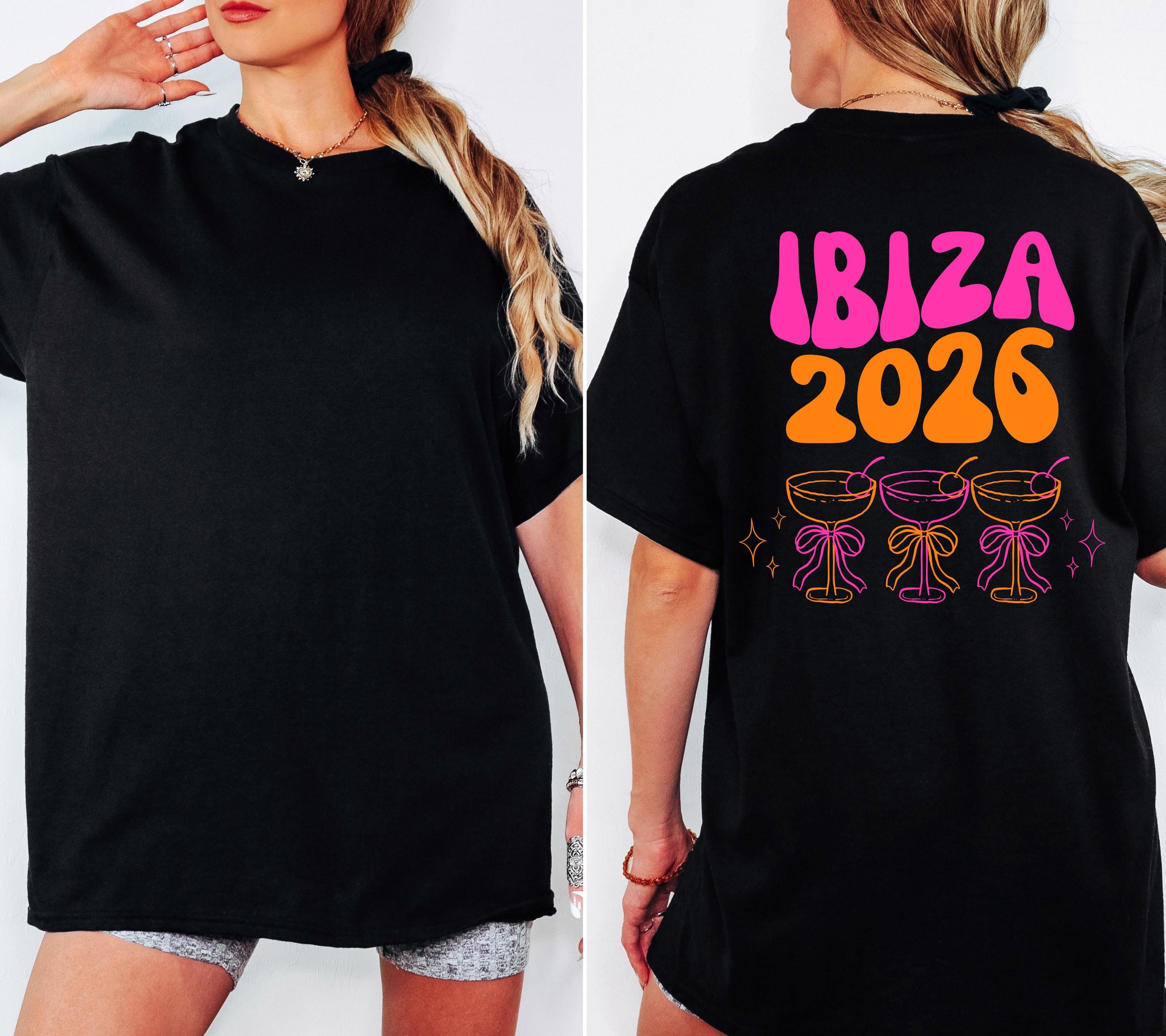 Ibiza Shirt, Backprint, Ibiza 2026, Ibiza T Shirts, Mädelstrip Shirts, pink orange, Gruppenshirt Mädels, Frauen, Cocktail, Sekt, Urlaub