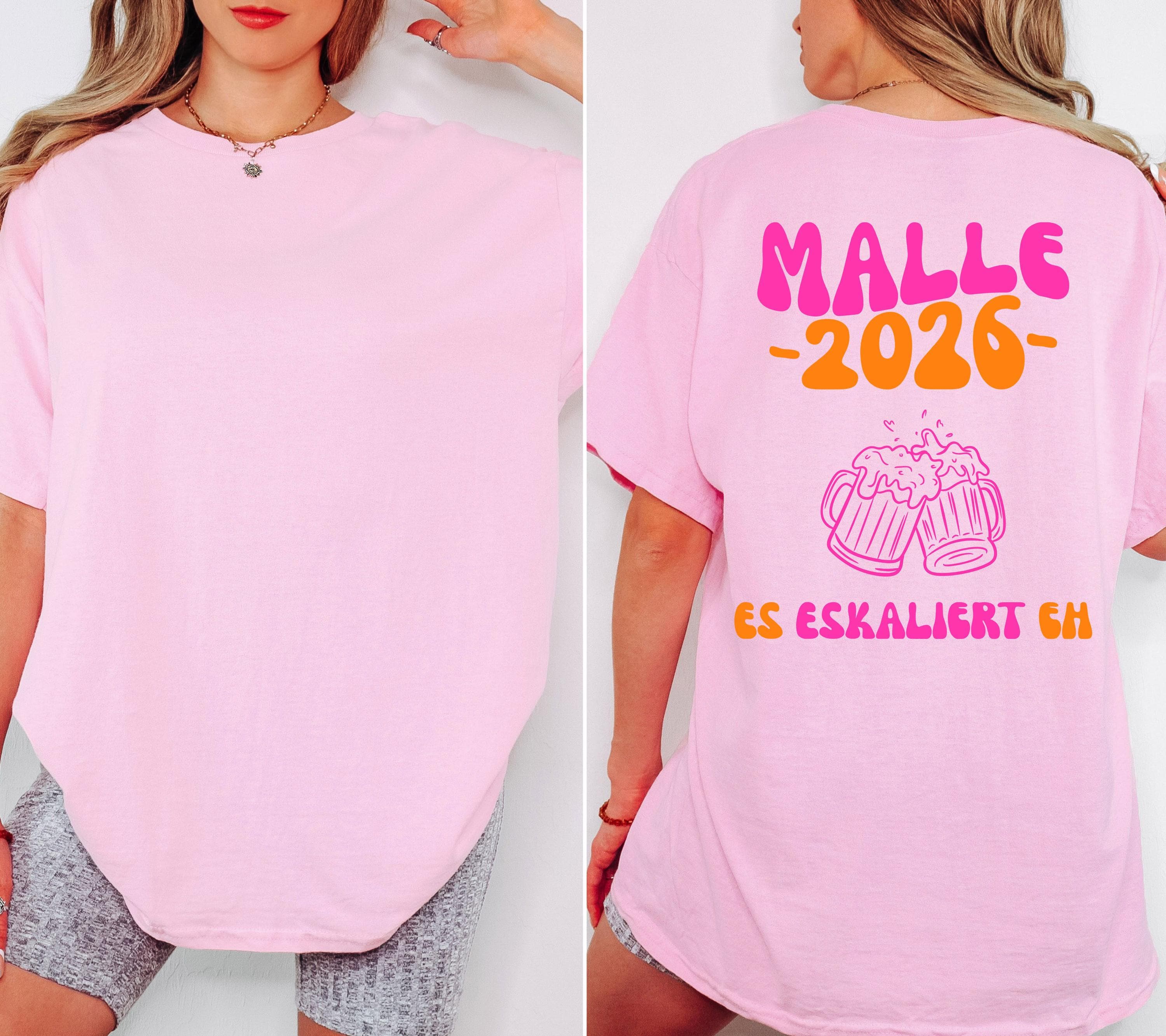 Malle Shirt, es eskaliert eh, Backprint, Malle 2026, Malle T Shirt, Herren, Damen, Mallorca Shirts, Bier Shirt, Sauf T Shirt, Gruppenshirt