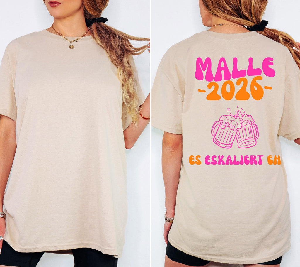 Malle Shirt, es eskaliert eh, Backprint, Malle 2026, Malle T Shirt, Herren, Damen, Mallorca Shirts, Bier Shirt, Sauf T Shirt, Gruppenshirt