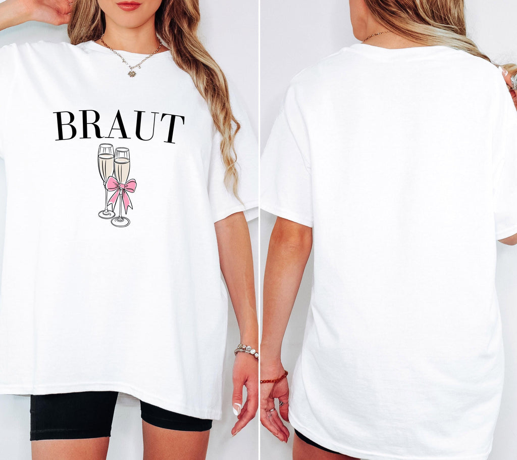 JGA Shirt vorne, Braut Shirt vorne, Junggesellenabschied Frauen, Sekt, Prosecco, Schleife, Team Shirts, Bride, JGA Frau, Hochzeit, Crew