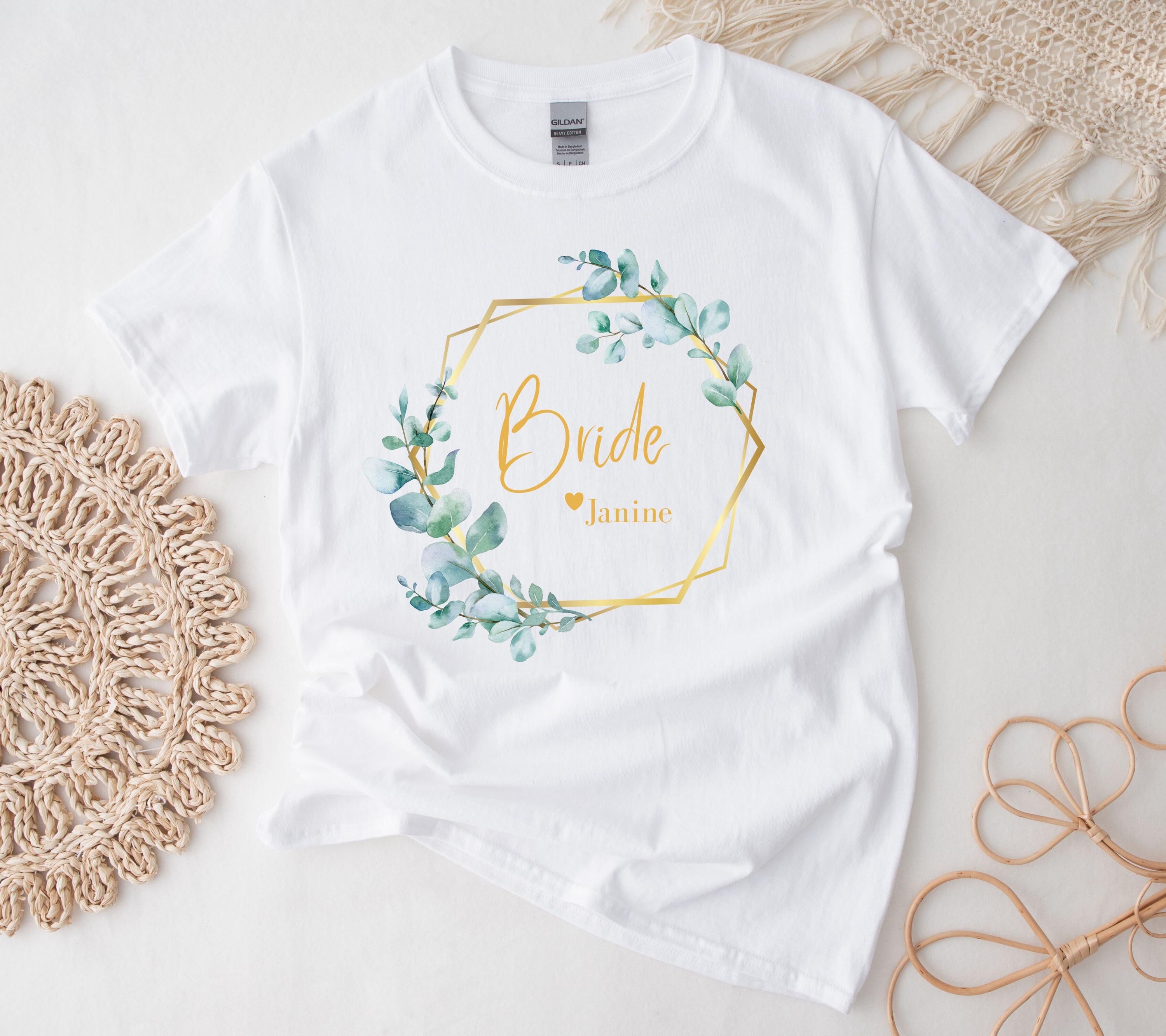 JGA Shirt, Junggesellenabschied Frau, JGA Eukalyptus gold, Team Shirts, Braut Shirt vorne, Bride, JGA Frauen, Hochzeit, Accessoires, Boho