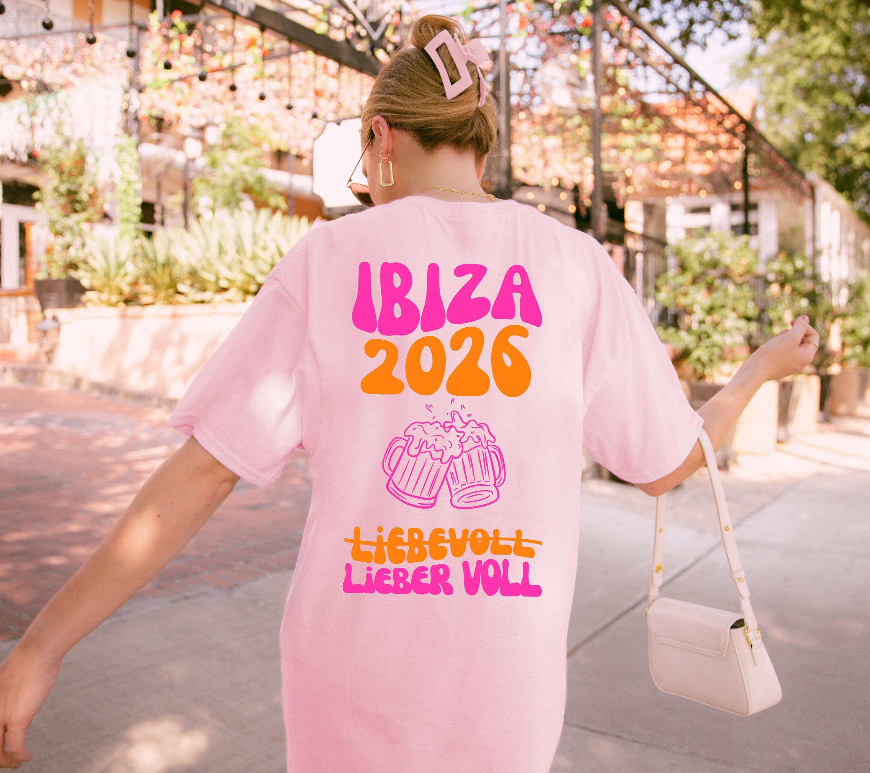 Ibiza Shirt, Backprint, Ibiza 2026, Ibiza T Shirts, Mädelstrip Shirts, pink orange, Gruppenshirt Mädels, liebevoll lieber voll, Bier, saufen