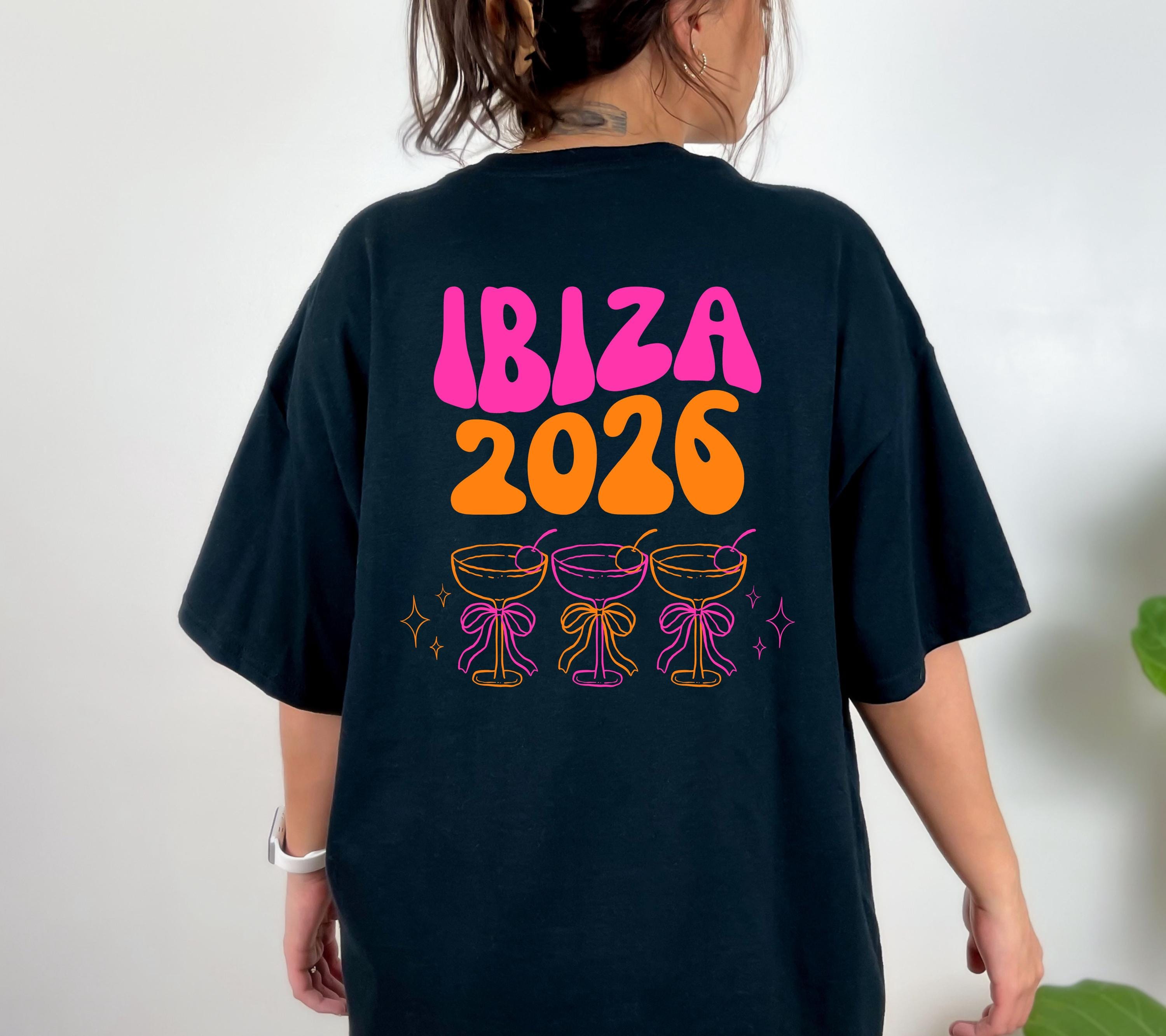 Ibiza Shirt, Backprint, Ibiza 2026, Ibiza T Shirts, Mädelstrip Shirts, pink orange, Gruppenshirt Mädels, Frauen, Cocktail, Sekt, Urlaub