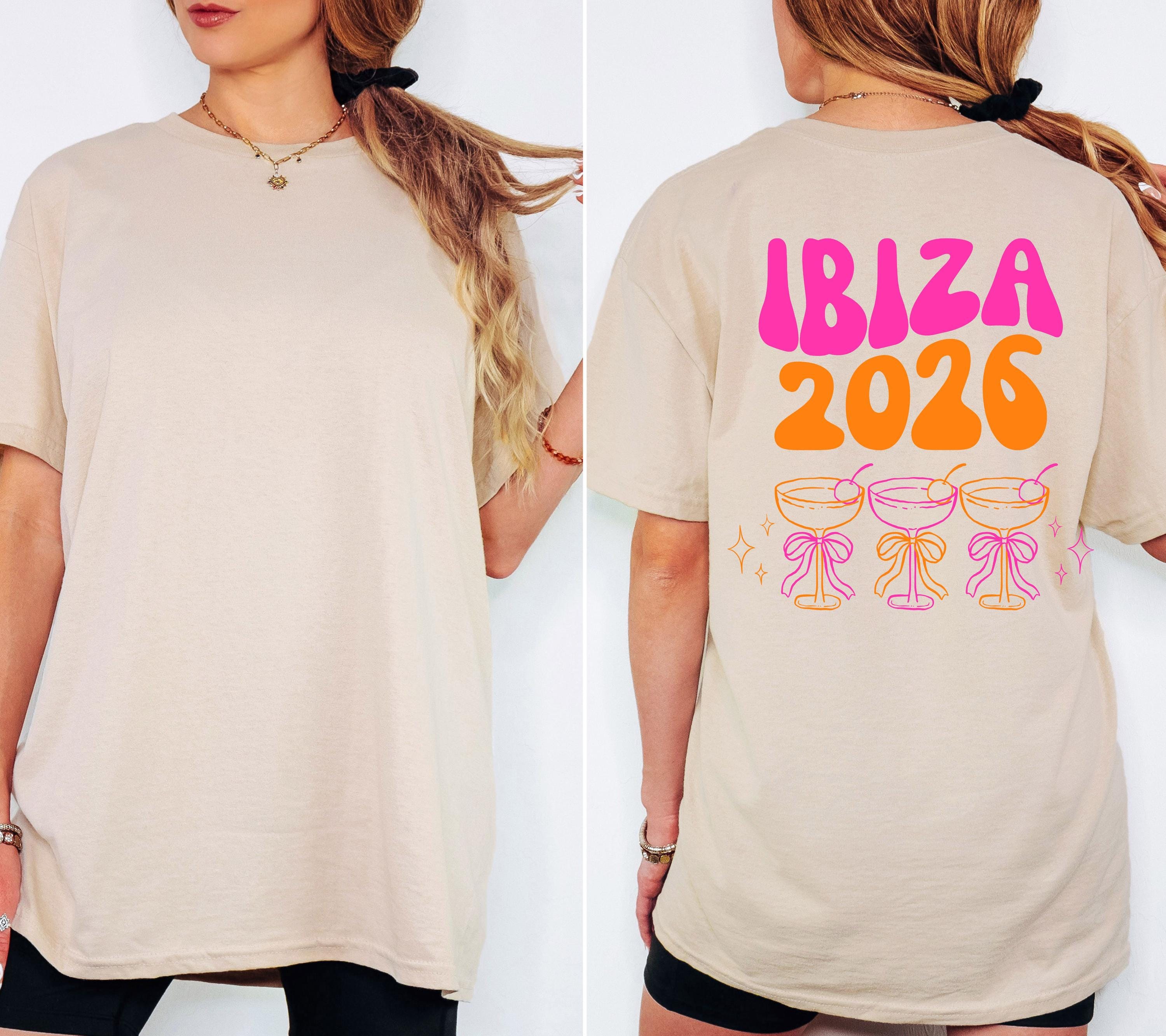 Ibiza Shirt, Backprint, Ibiza 2026, Ibiza T Shirts, Mädelstrip Shirts, pink orange, Gruppenshirt Mädels, Frauen, Cocktail, Sekt, Urlaub