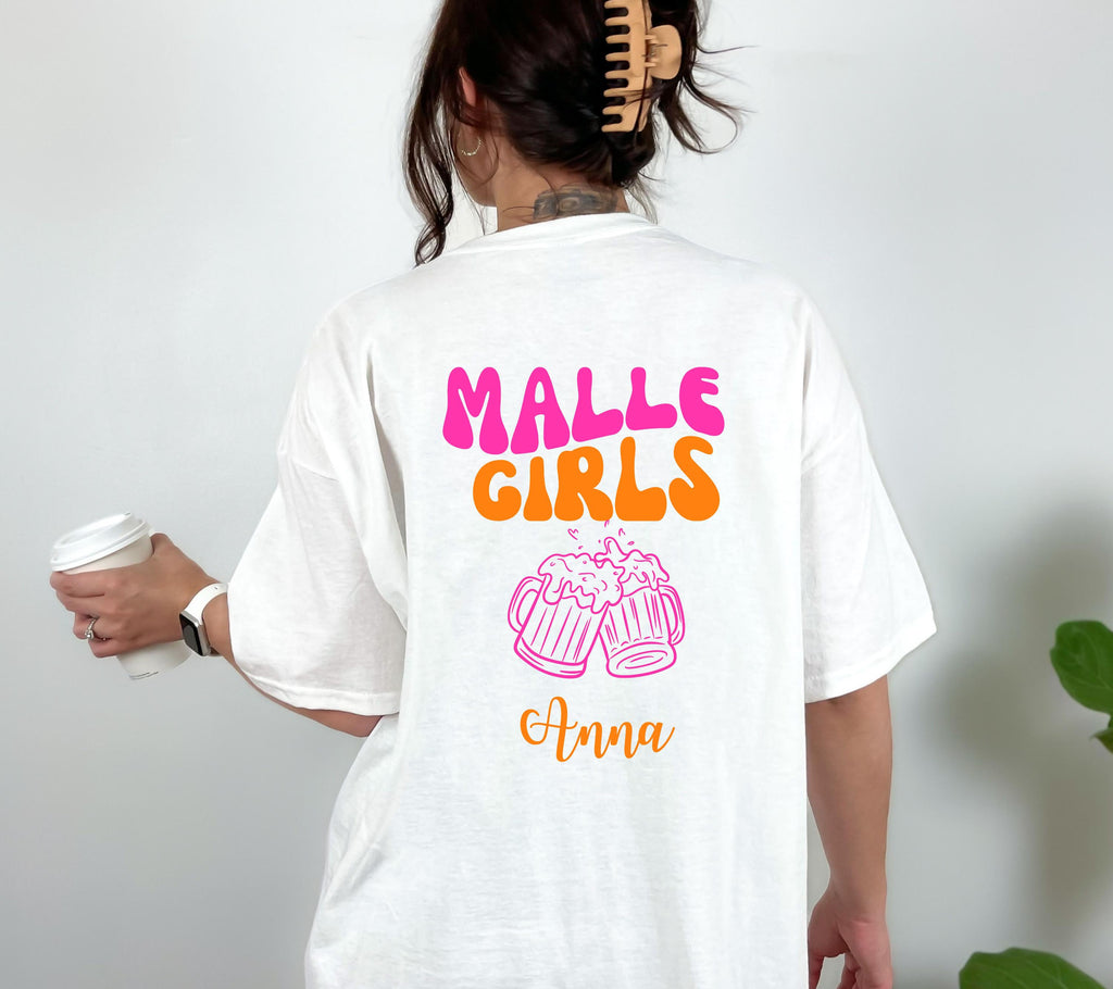 Malle Shirt Damen, Backprint, Malle 2026, Malle Shirts, Malle Girls, personalisiert mit Namen, Mallorca Shirts, Bier Shirt, Gruppenshirt