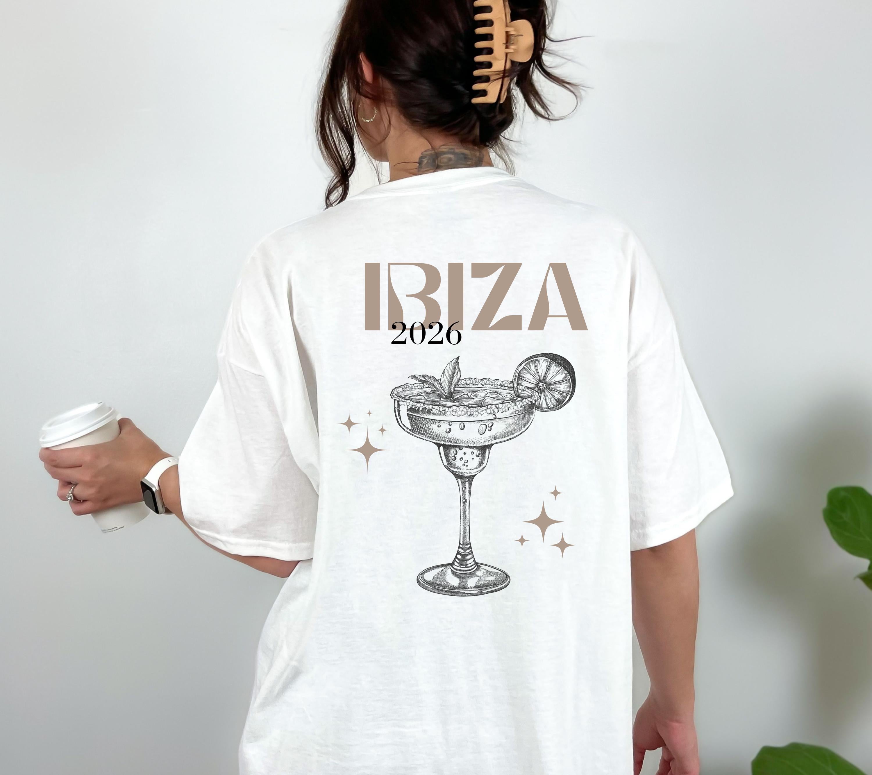 Ibiza Shirt, Boho, Beige, Backprint, Ibiza 2026, Ibiza T Shirts, Mädelstrip Shirts, Gruppenshirt Mädels, Frauen, Cocktail, Sekt, Urlaub