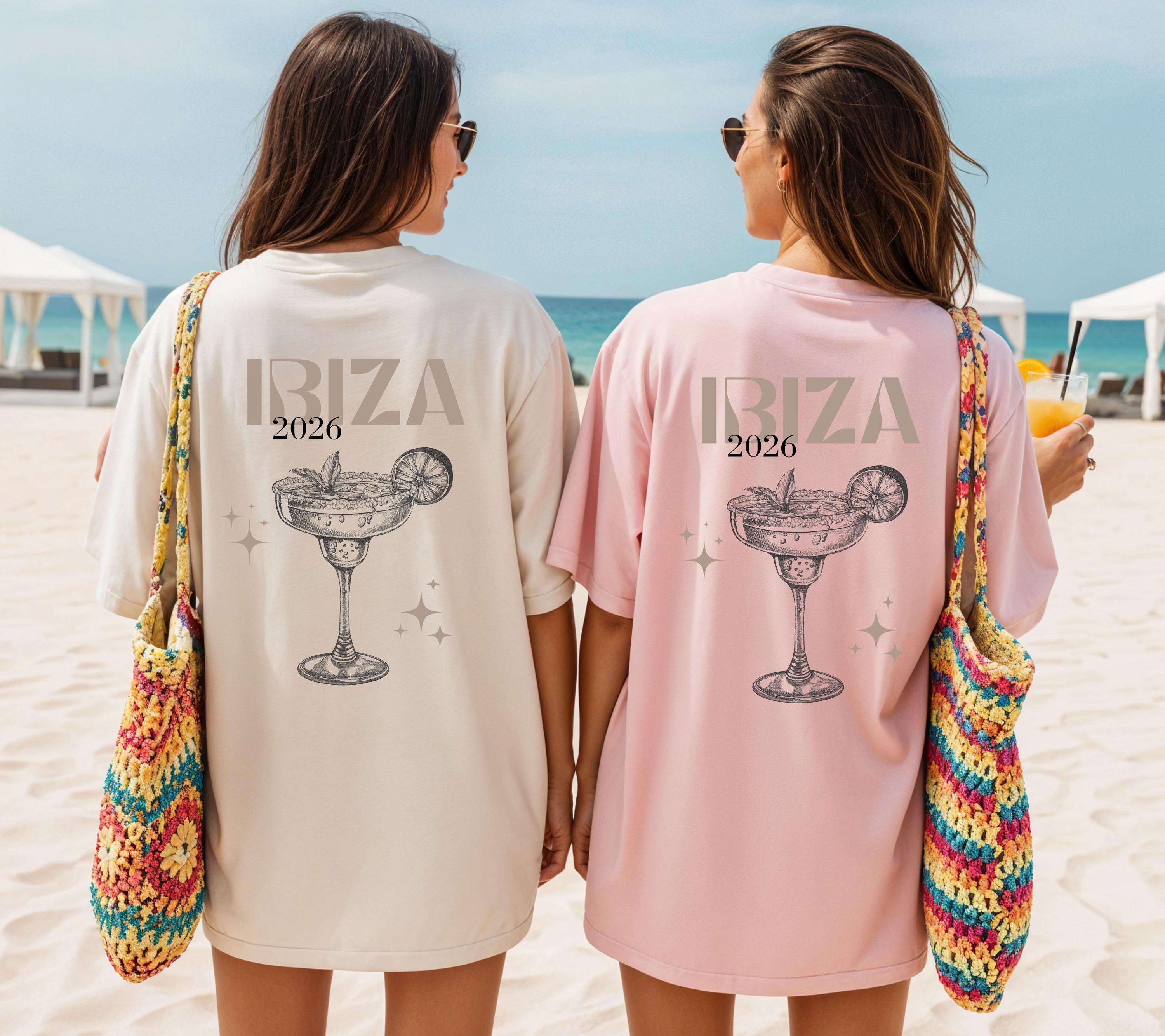 Ibiza Shirt, Boho, Beige, Backprint, Ibiza 2026, Ibiza T Shirts, Mädelstrip Shirts, Gruppenshirt Mädels, Frauen, Cocktail, Sekt, Urlaub