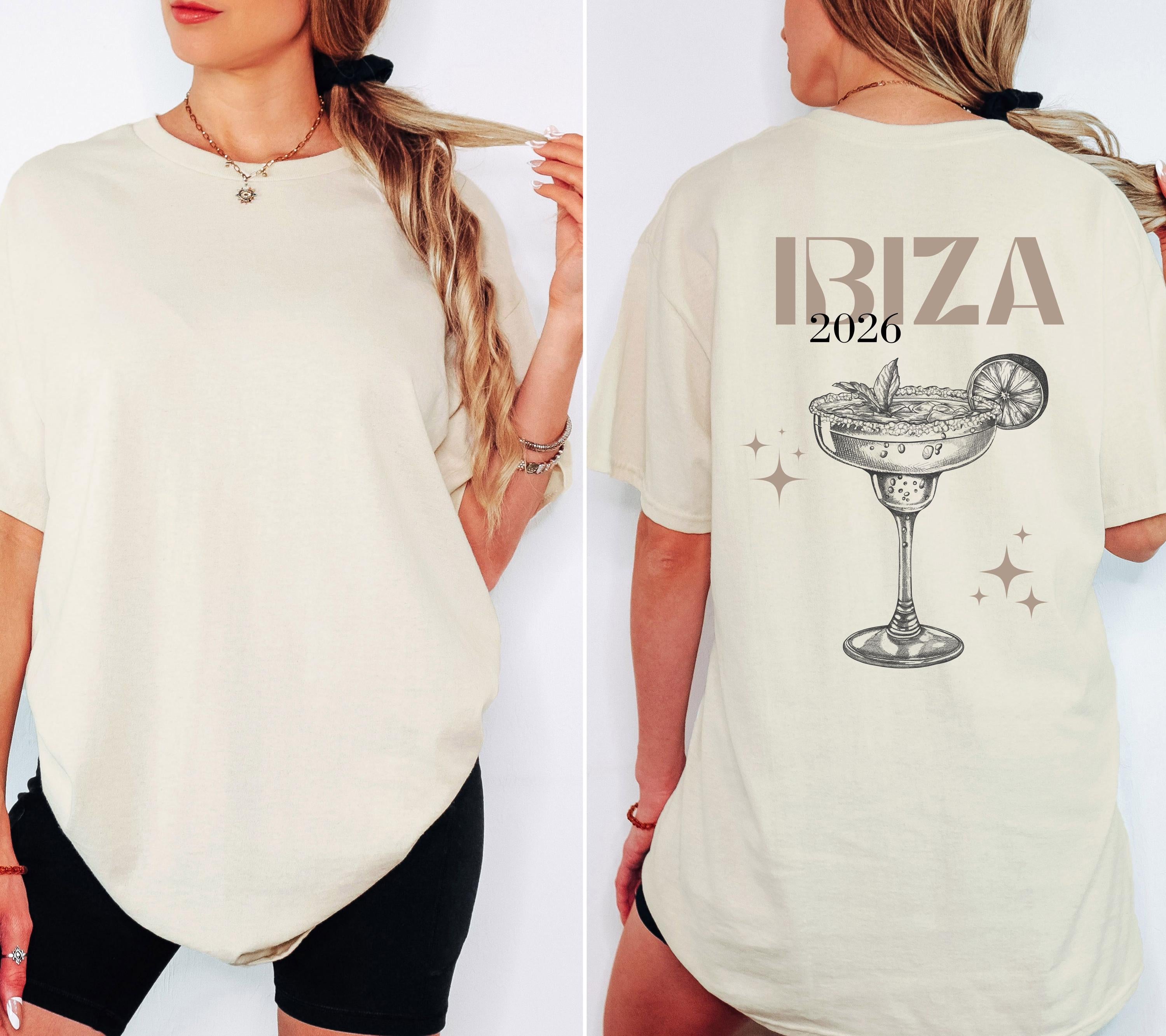 Ibiza Shirt, Boho, Beige, Backprint, Ibiza 2026, Ibiza T Shirts, Mädelstrip Shirts, Gruppenshirt Mädels, Frauen, Cocktail, Sekt, Urlaub