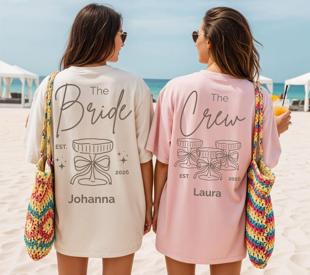 Braut Shirt mit Namen, JGA 2026, beige, Junggesellenabschied, Bride, Hochzeit, Team Shirts, JGA Frauen, Gruppen T Shirt Backprint, Crew