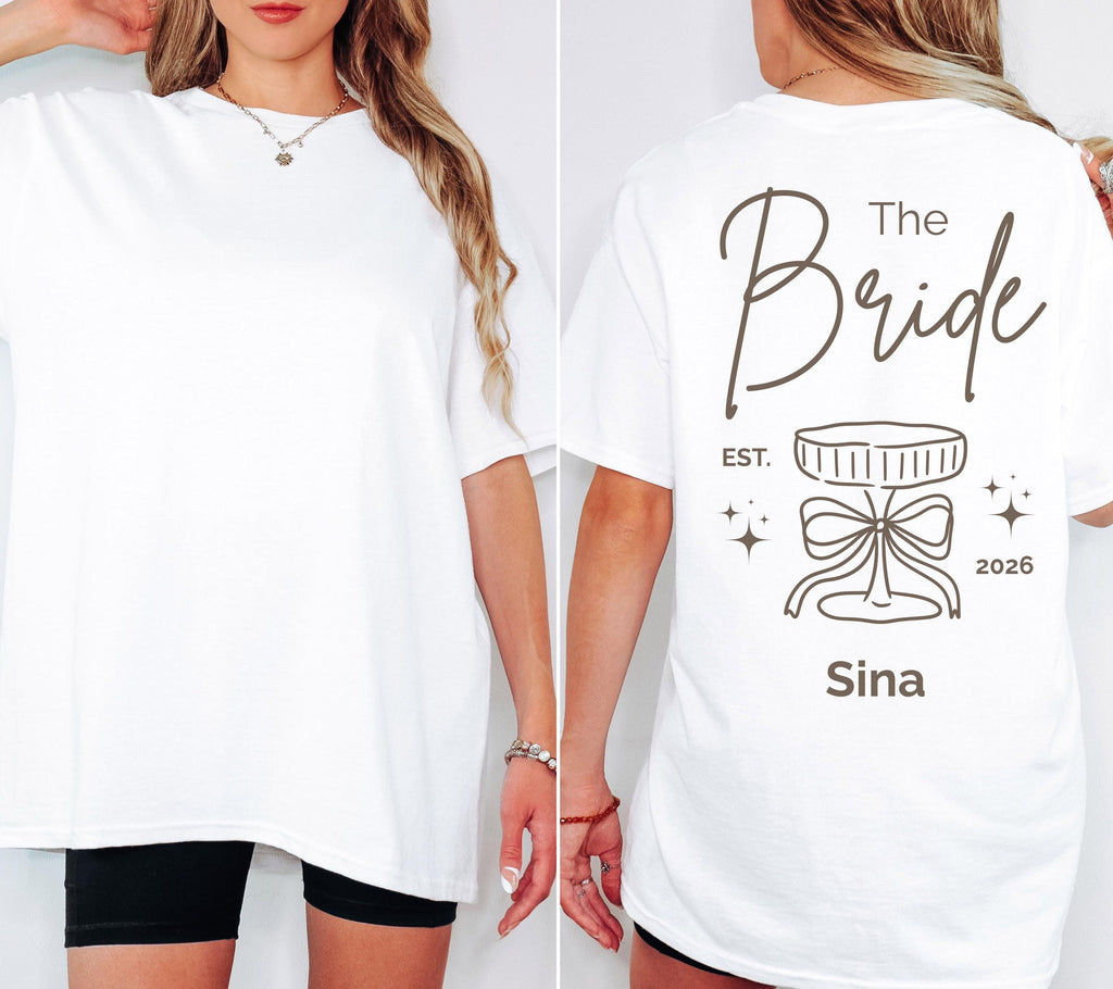Braut Shirt mit Namen, JGA 2026, beige, Junggesellenabschied, Bride, Hochzeit, Team Shirts, JGA Frauen, Gruppen T Shirt Backprint, Crew