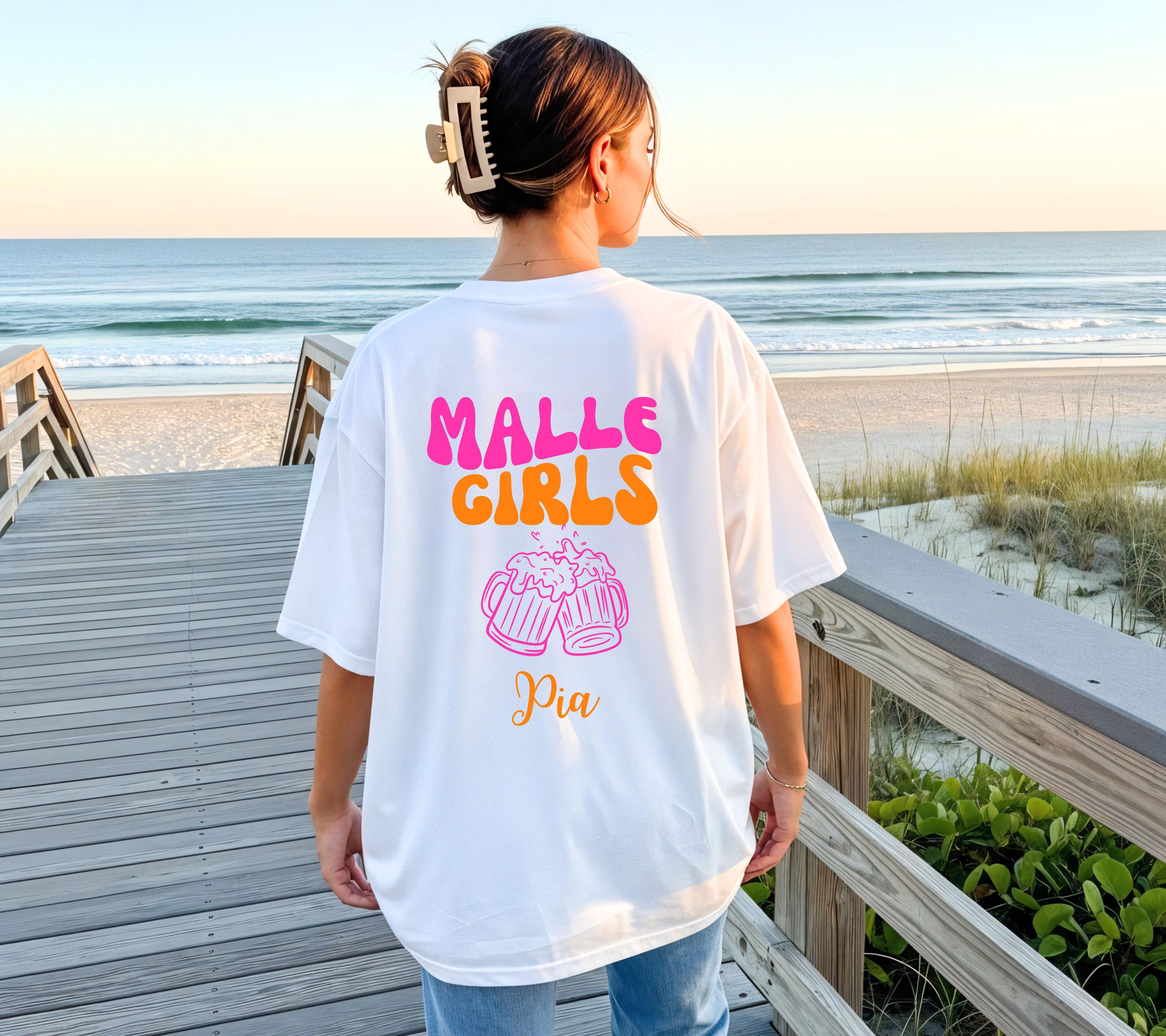 Malle Shirt Damen, Backprint, Malle 2026, Malle Shirts, Malle Girls, personalisiert mit Namen, Mallorca Shirts, Bier Shirt, Gruppenshirt