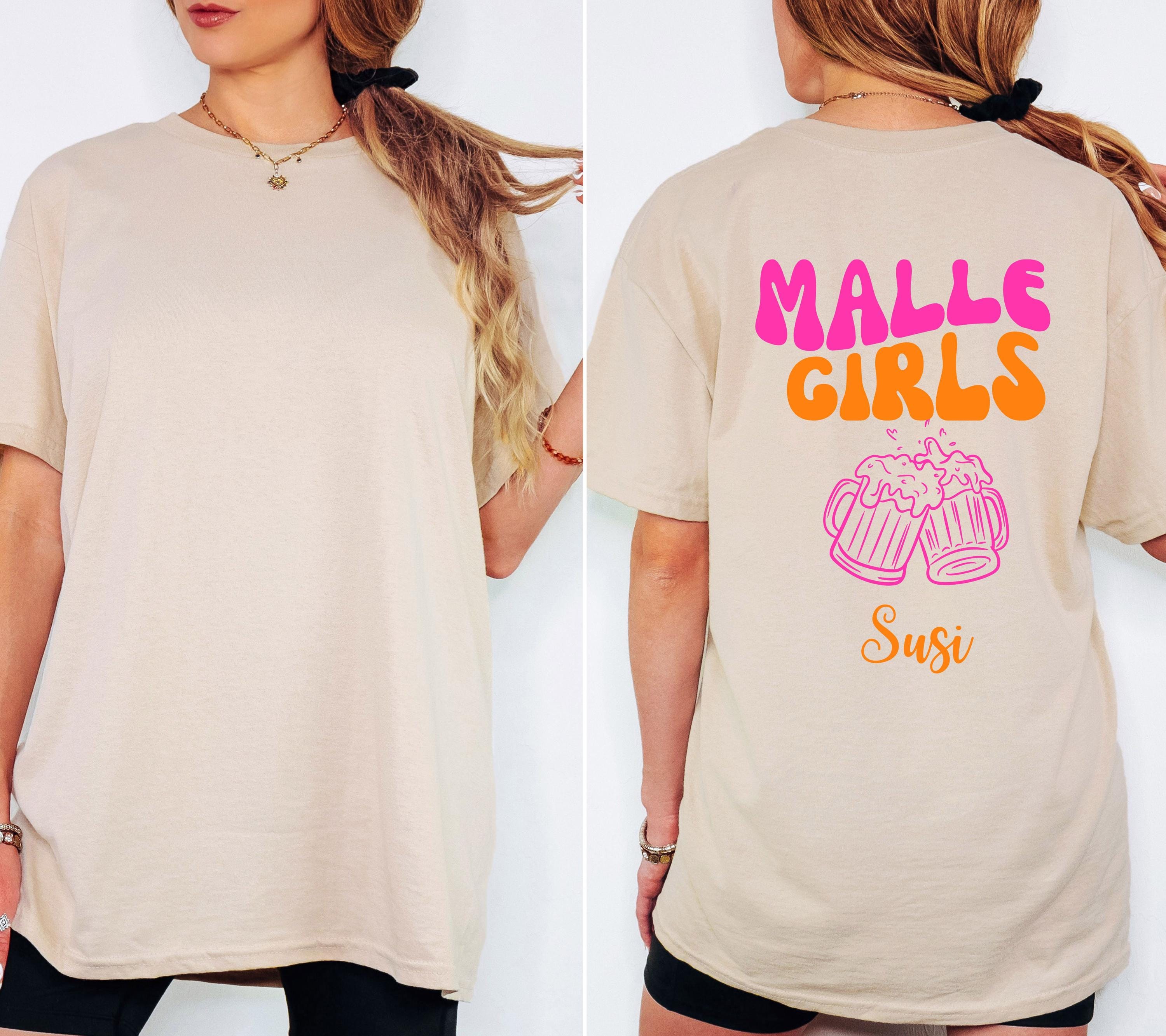 Malle Shirt Damen, Backprint, Malle 2026, Malle Shirts, Malle Girls, personalisiert mit Namen, Mallorca Shirts, Bier Shirt, Gruppenshirt