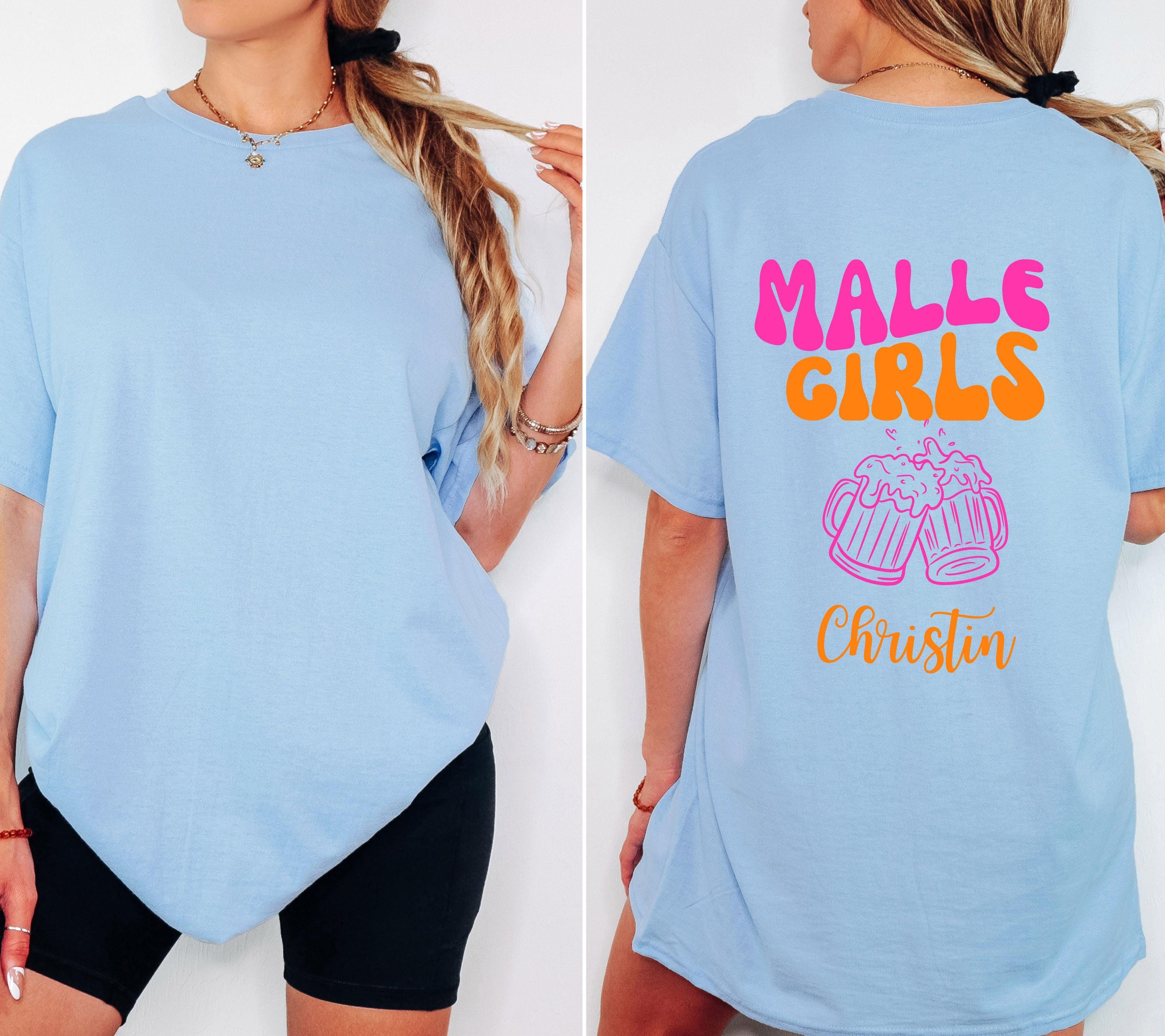 Malle Shirt Damen, Backprint, Malle 2026, Malle Shirts, Malle Girls, personalisiert mit Namen, Mallorca Shirts, Bier Shirt, Gruppenshirt