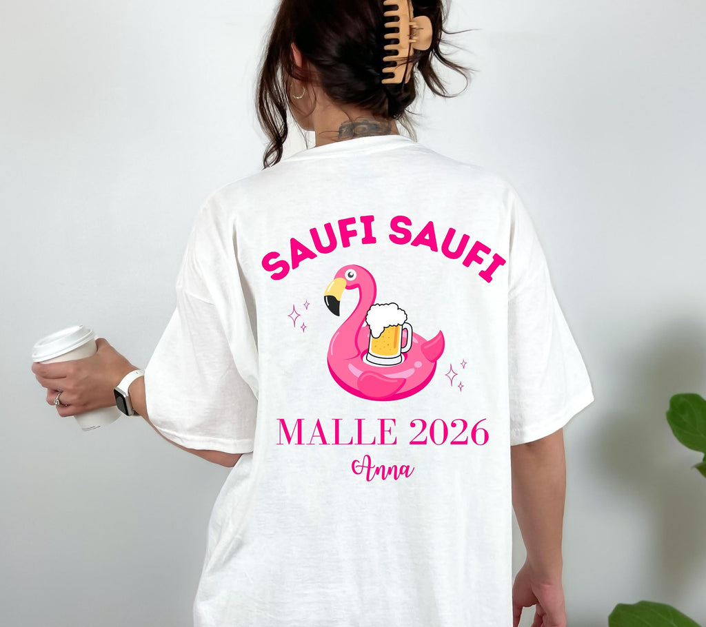 Malle Shirt Flamingo, Backprint, Malle 2026, Malle Shirts personalisiert, Mallorca t Shirts pink, Bier Shirt, Gruppenshirt, saufi saufi