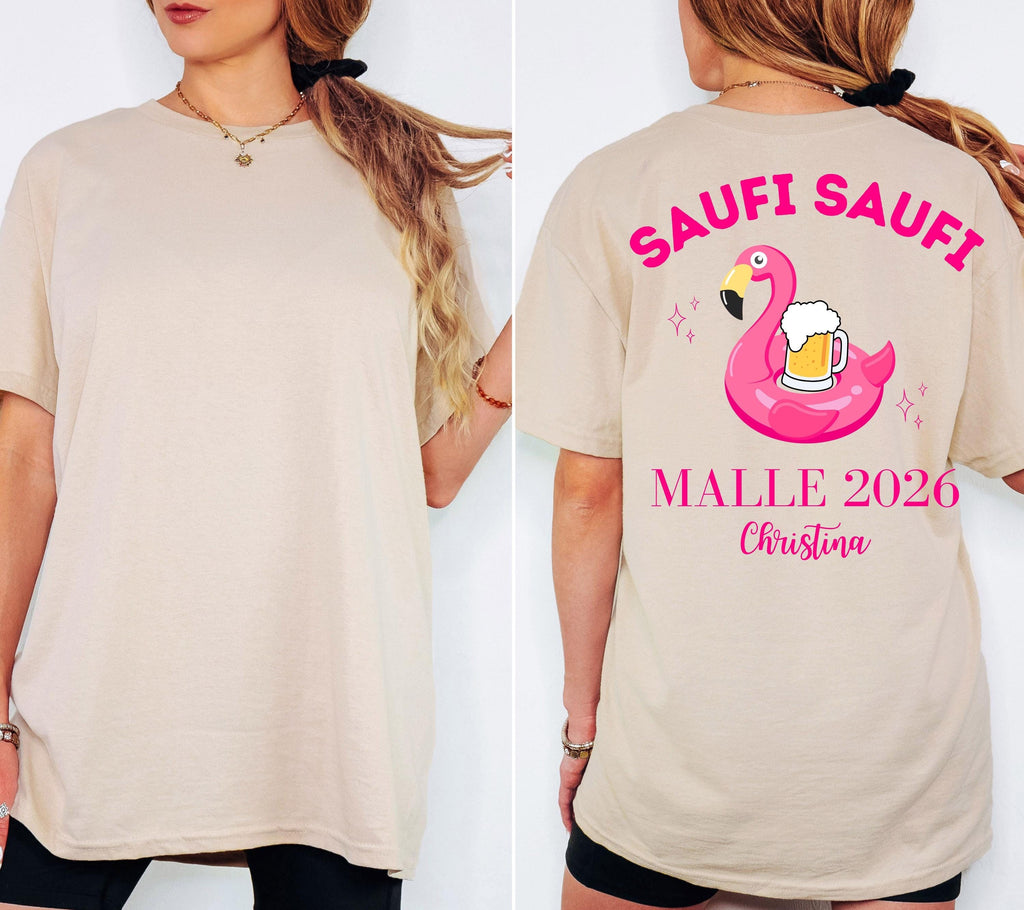 Malle Shirt Flamingo, Backprint, Malle 2026, Malle Shirts personalisiert, Mallorca t Shirts pink, Bier Shirt, Gruppenshirt, saufi saufi