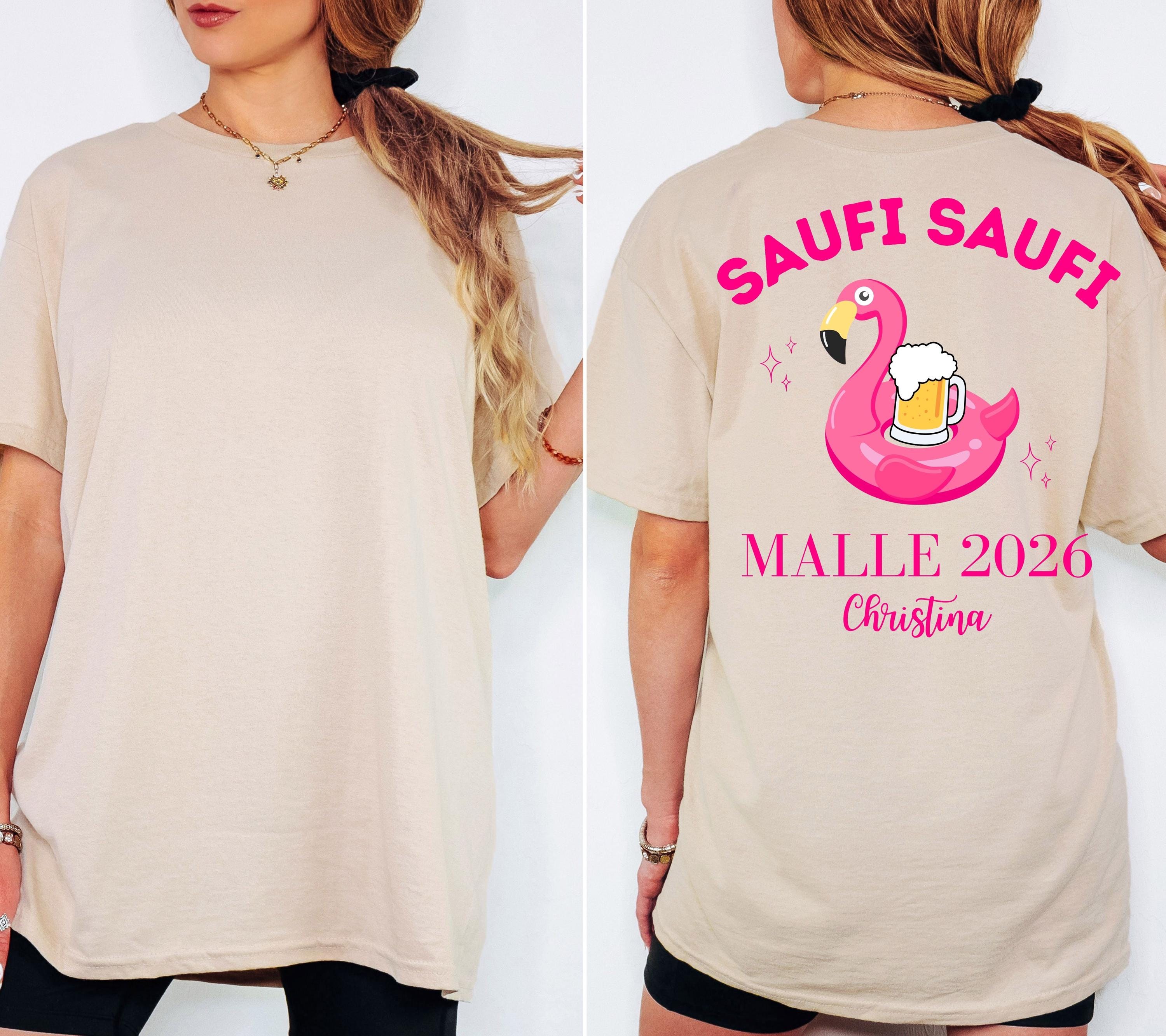 Malle Shirt Flamingo, Backprint, Malle 2026, Malle Shirts personalisiert, Mallorca t Shirts pink, Bier Shirt, Gruppenshirt, saufi saufi