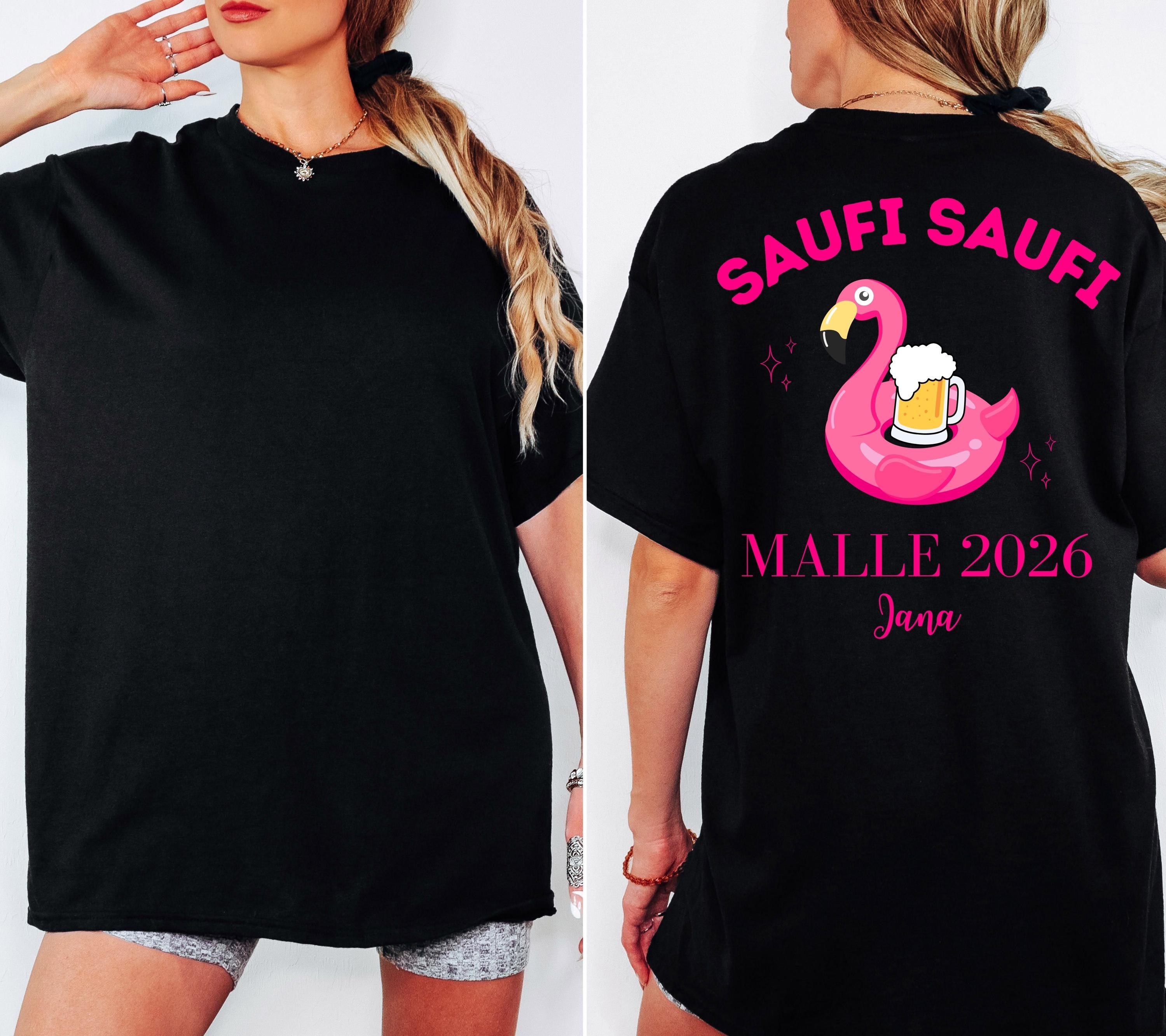 Malle Shirt Flamingo, Backprint, Malle 2026, Malle Shirts personalisiert, Mallorca t Shirts pink, Bier Shirt, Gruppenshirt, saufi saufi
