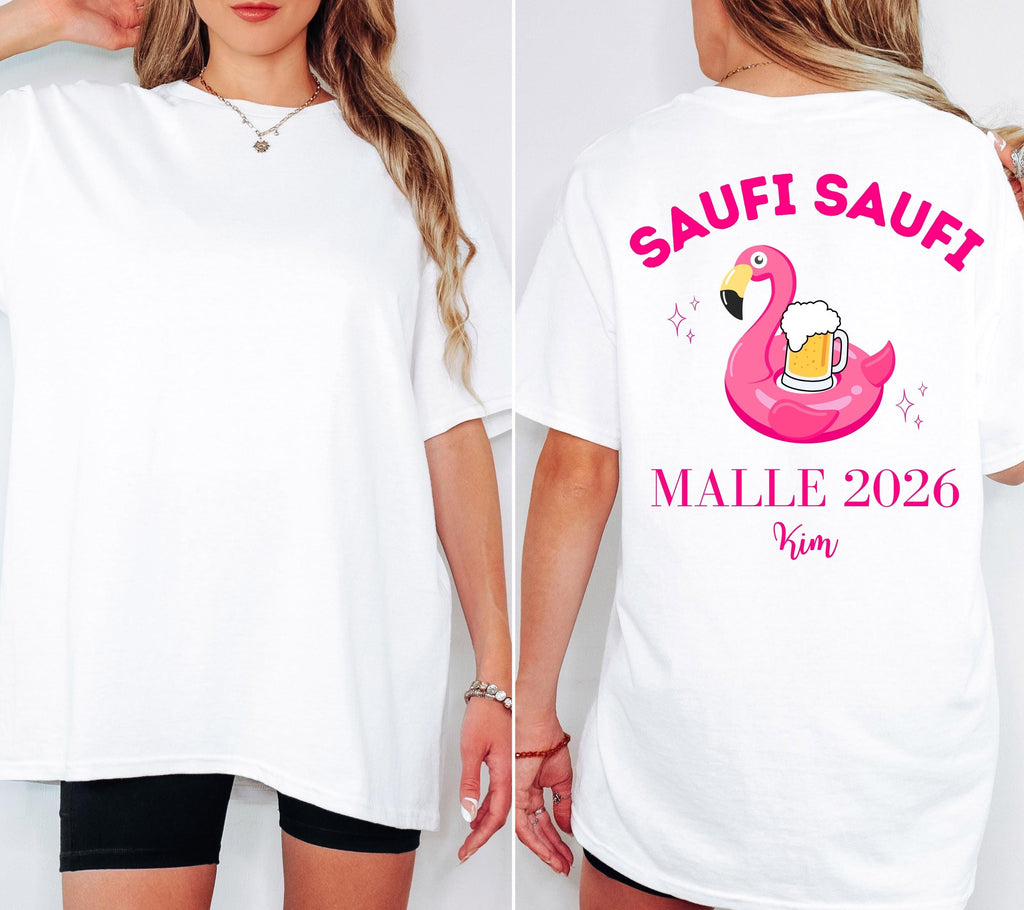 Malle Shirt Flamingo, Backprint, Malle 2026, Malle Shirts personalisiert, Mallorca t Shirts pink, Bier Shirt, Gruppenshirt, saufi saufi