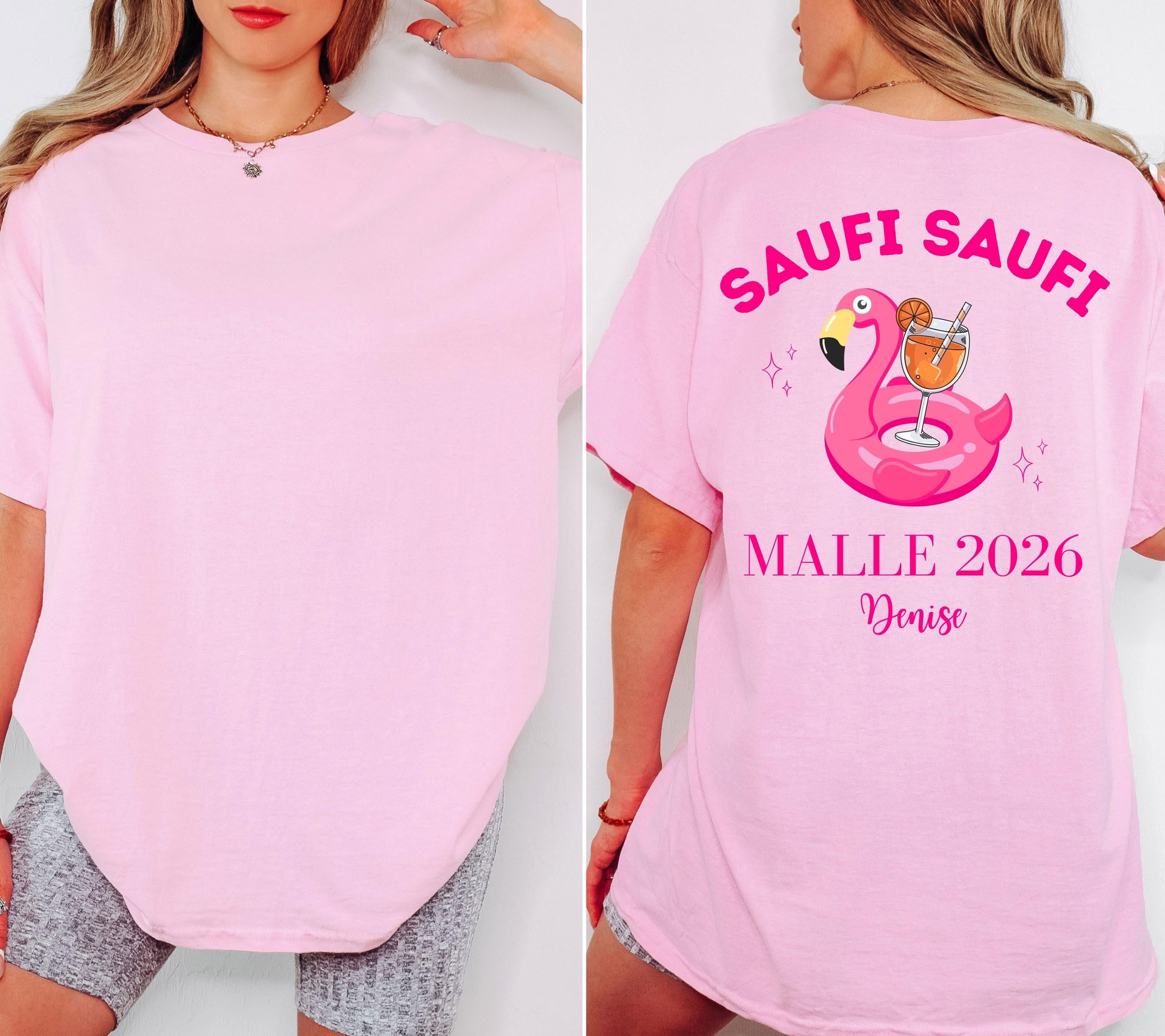 Malle Shirt Flamingo, Backprint, Malle 2026, Malle Shirts personalisiert, Mallorca t Shirts pink, Bier Shirt, Gruppenshirt, saufi saufi