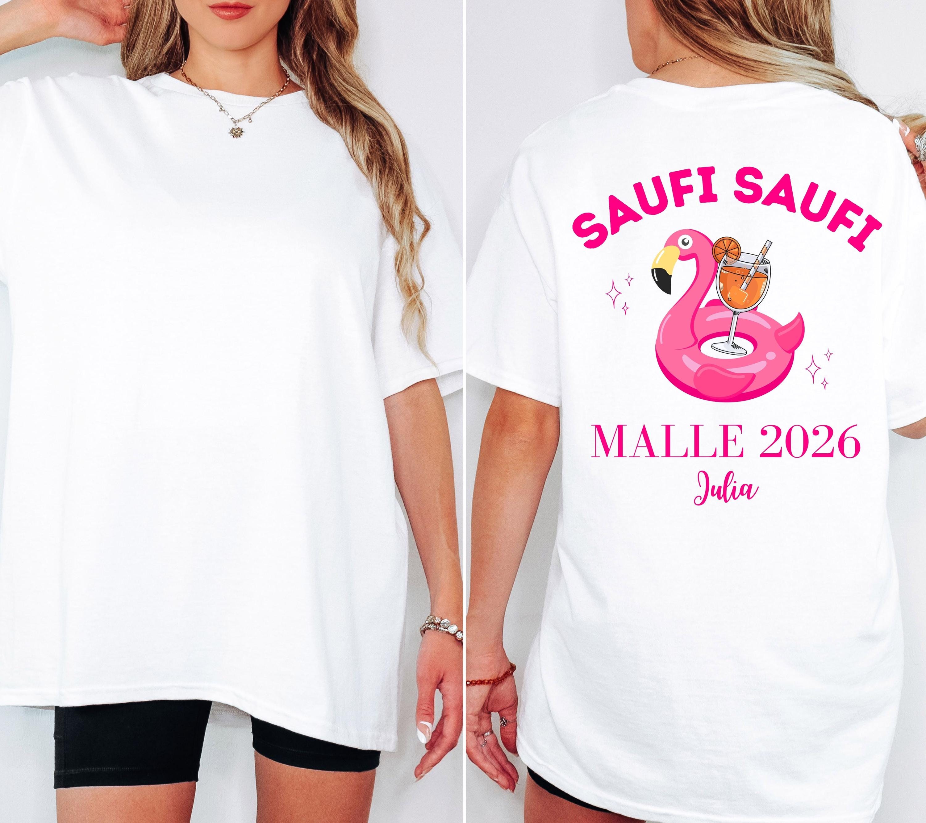Malle Shirt Flamingo, Backprint, Malle 2026, Malle Shirts personalisiert, Mallorca t Shirts pink, Bier Shirt, Gruppenshirt, saufi saufi