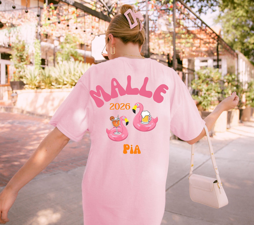 Malle Shirt Flamingo, Backprint, Malle 2026, Malle Shirts personalisiert, Mallorca t Shirts pink, Bier Shirt, Gruppenshirt, saufi saufi