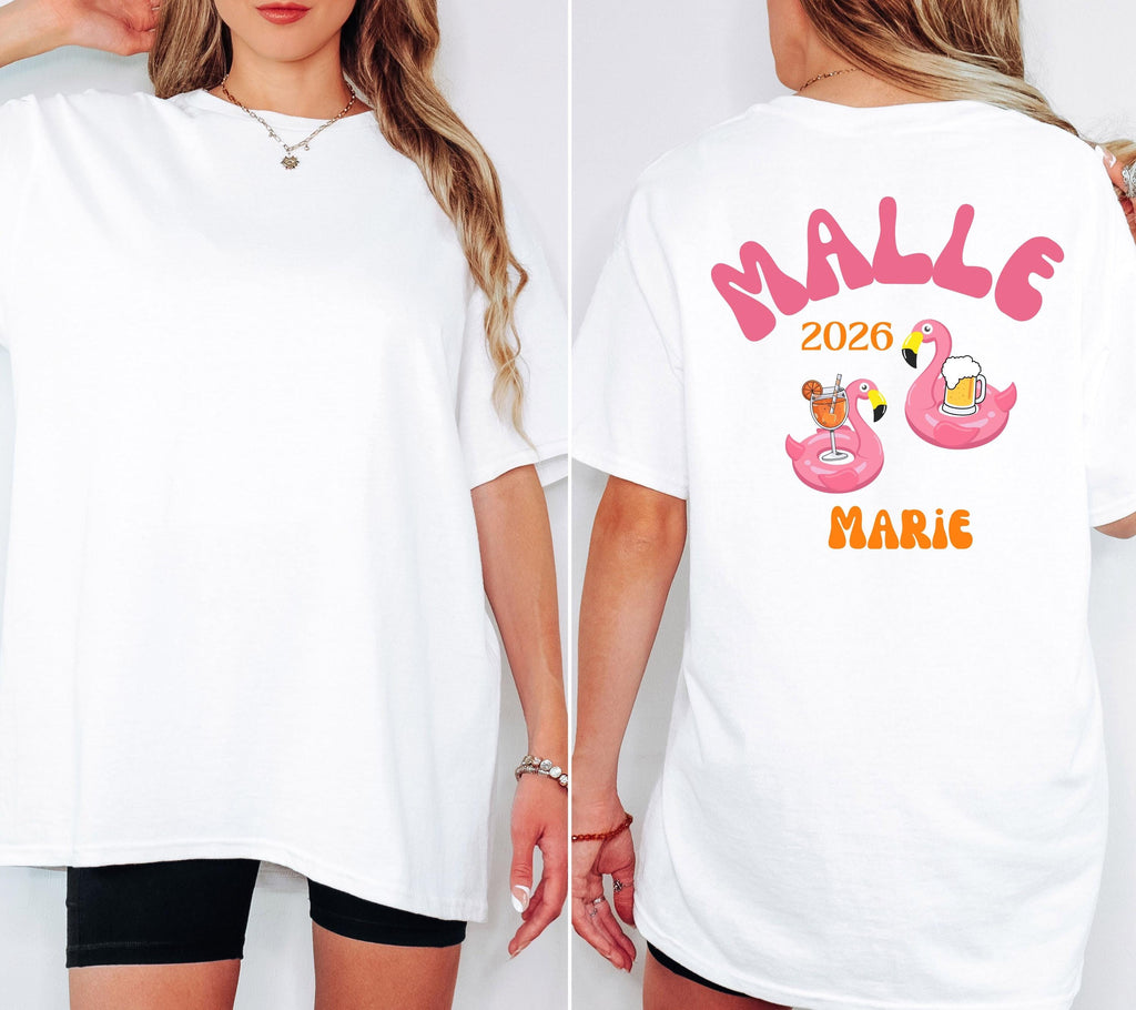 Malle Shirt Flamingo, Backprint, Malle 2026, Malle Shirts personalisiert, Mallorca t Shirts pink, Bier Shirt, Gruppenshirt, saufi saufi