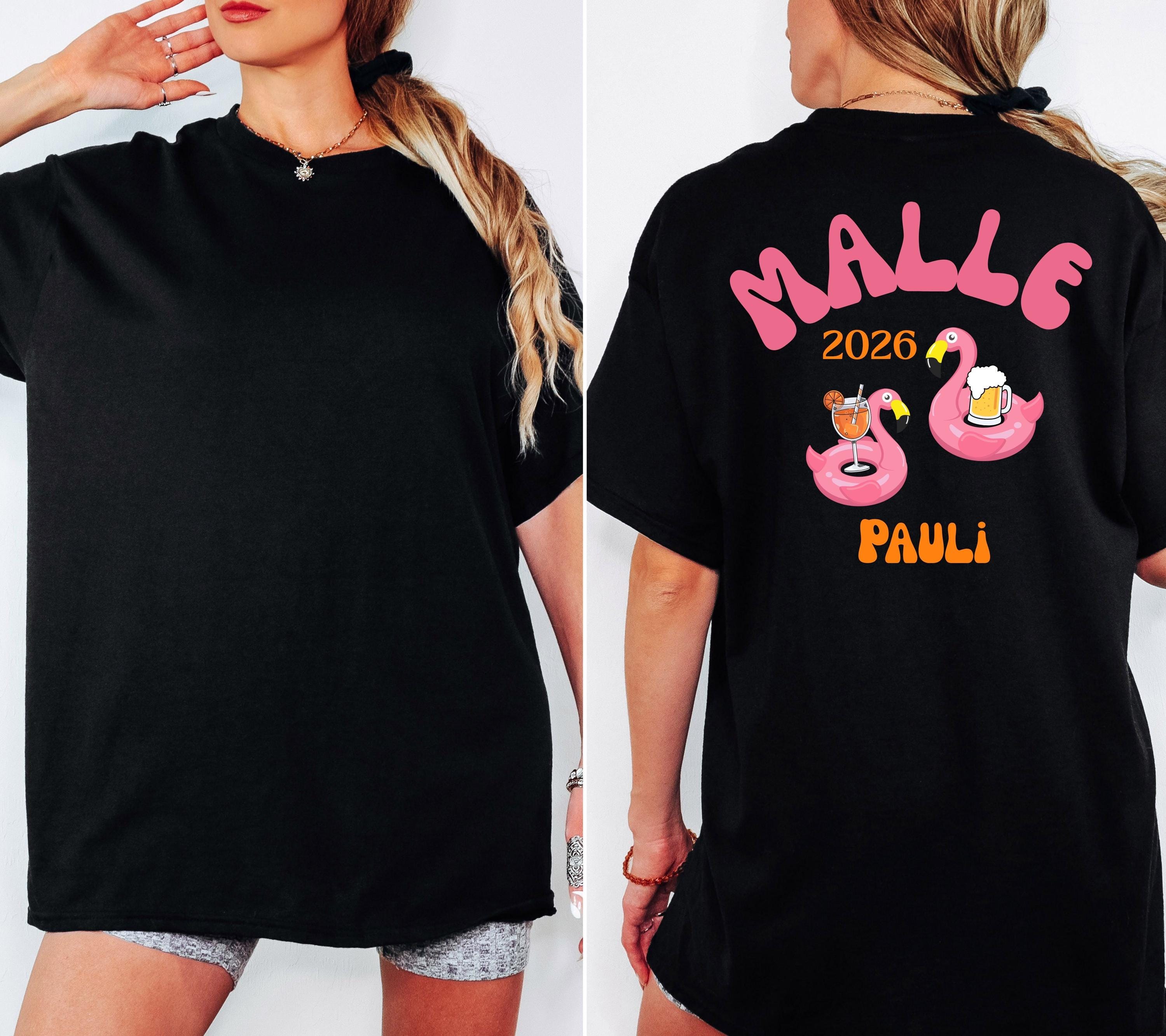 Malle Shirt Flamingo, Backprint, Malle 2026, Malle Shirts personalisiert, Mallorca t Shirts pink, Bier Shirt, Gruppenshirt, saufi saufi