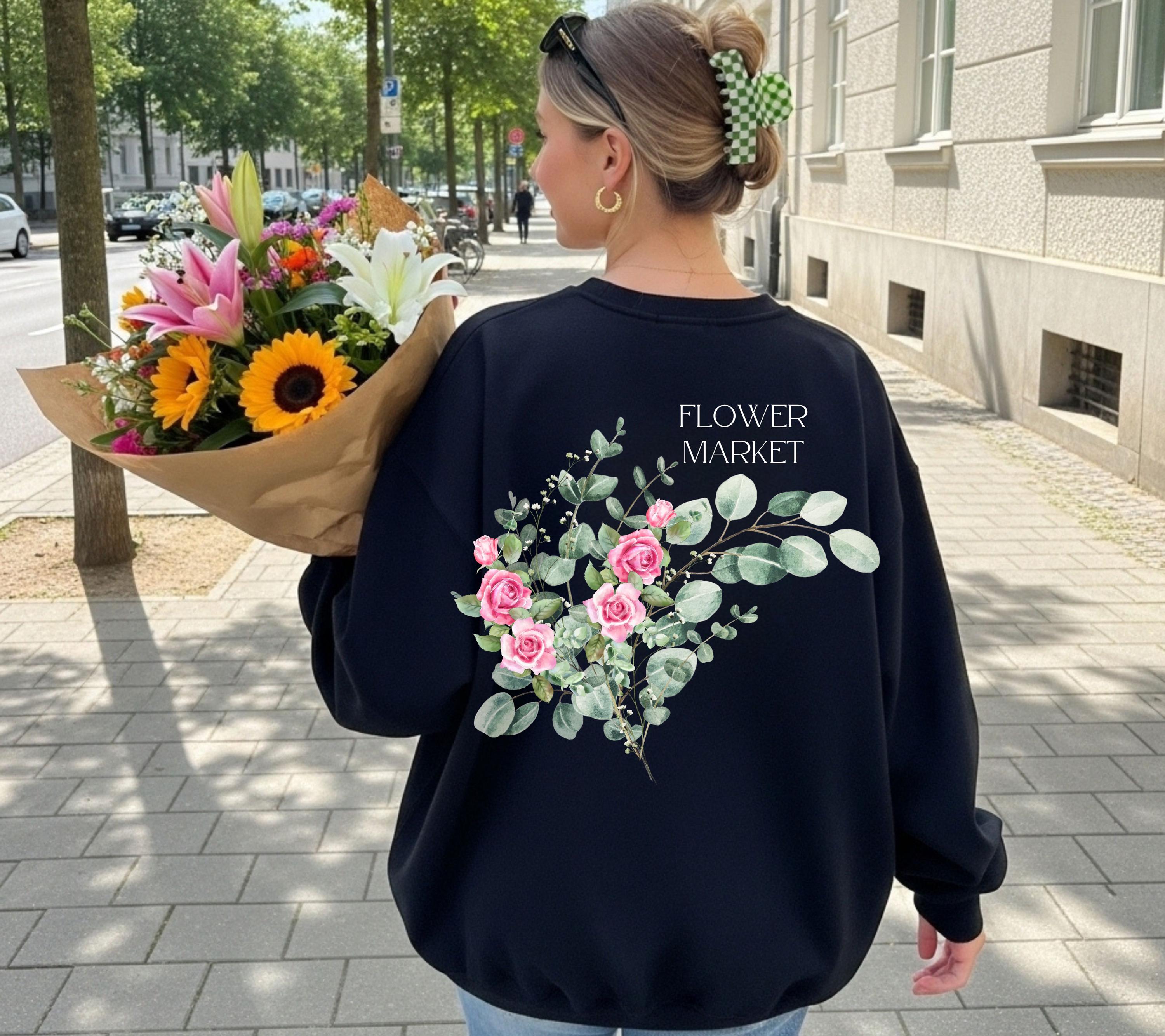 Pullover Blumen, Sweatshirt Backprint, Blumenmuster, Pullover Damen, Oversized Sweater Damen, Geschenkidee Freundin, Vintage Pullover, rosa