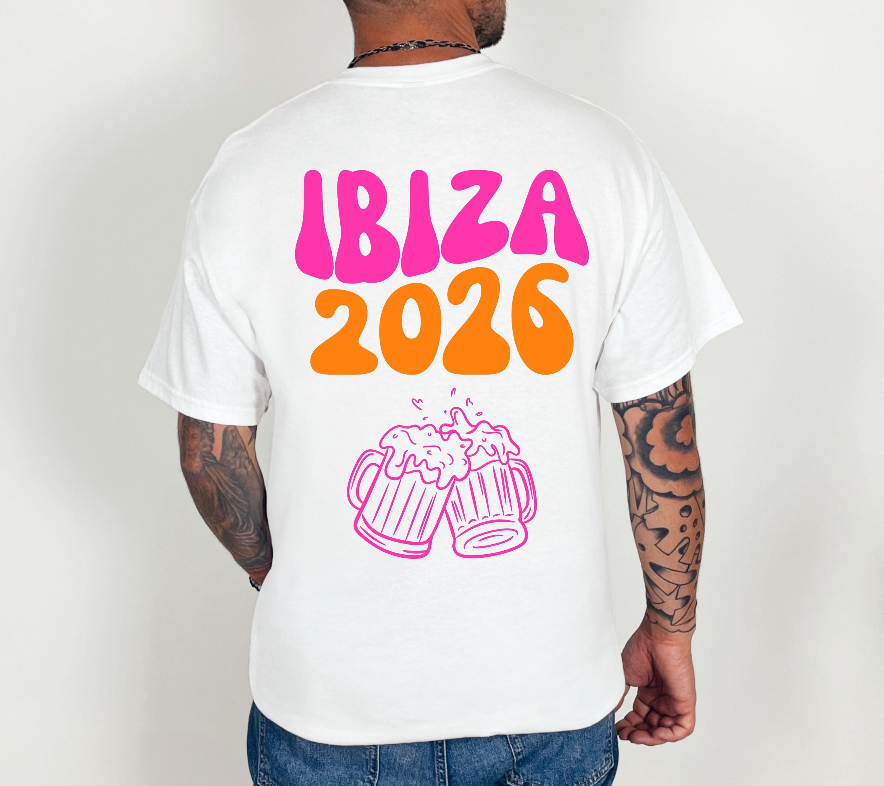 Ibiza Shirt Unisex, Backprint, Ibiza 2026, Ibiza Shirts, Bier Shirt, Sauf T Shirt, Gruppenshirt, Herren, Frauen, Männer, orange pink blau