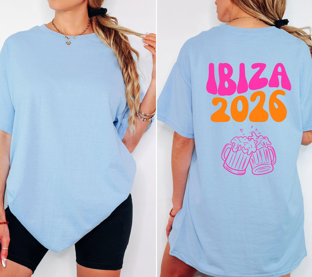 Ibiza Shirt Unisex, Backprint, Ibiza 2026, Ibiza Shirts, Bier Shirt, Sauf T Shirt, Gruppenshirt, Herren, Frauen, Männer, orange pink blau