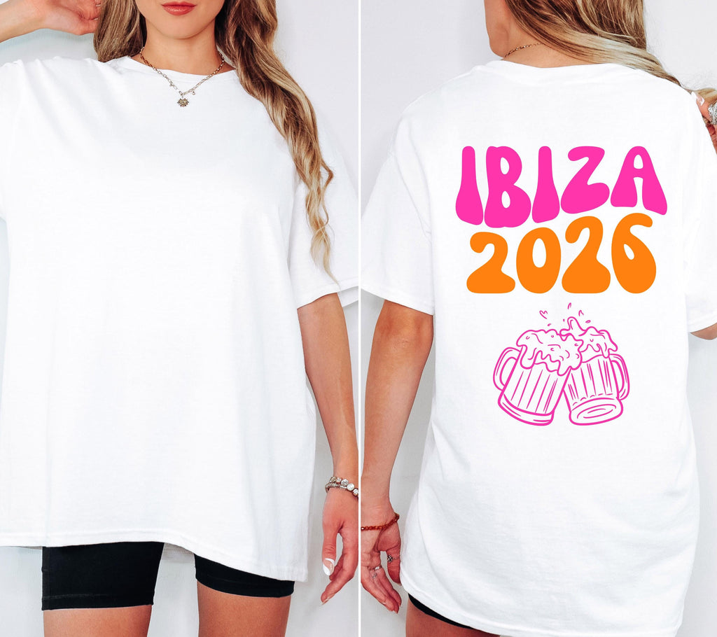 Ibiza Shirt Unisex, Backprint, Ibiza 2026, Ibiza Shirts, Bier Shirt, Sauf T Shirt, Gruppenshirt, Herren, Frauen, Männer, orange pink blau