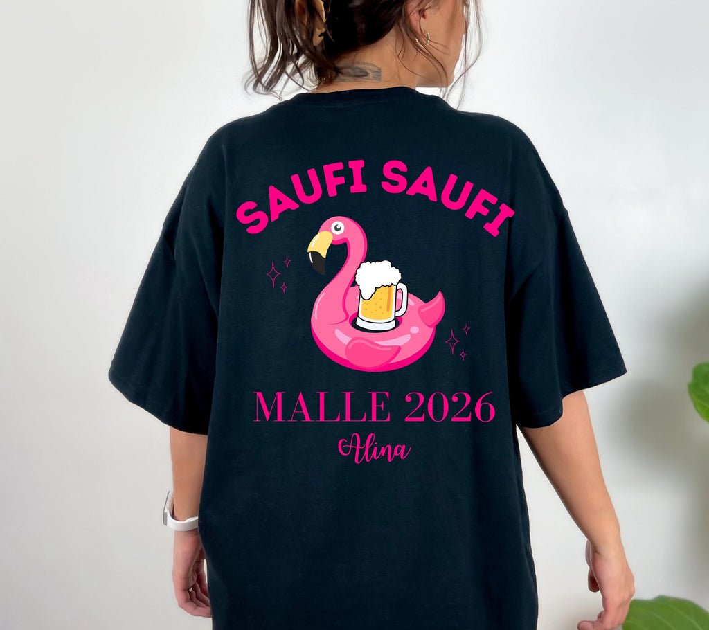 Malle Shirt Flamingo, Backprint, Malle 2026, Malle Shirts personalisiert, Mallorca t Shirts pink, Bier Shirt, Gruppenshirt, saufi saufi